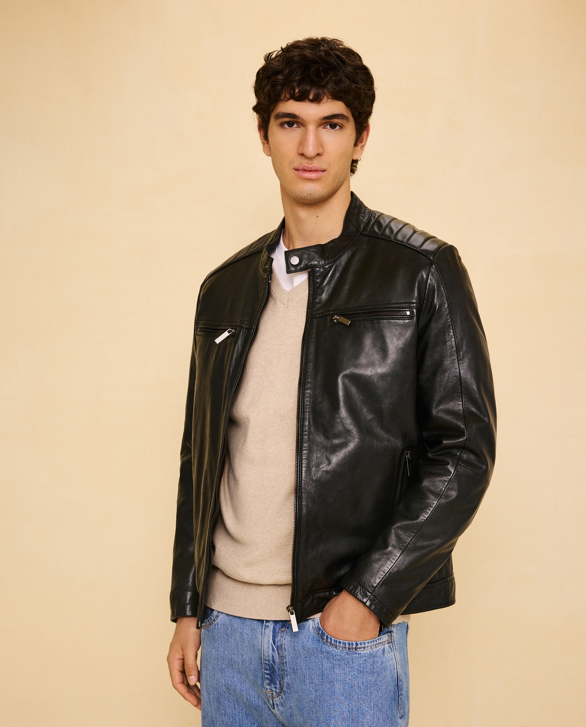 Cazadora piel tipo biker de hombre - Easy Wear - Negro Negro-1