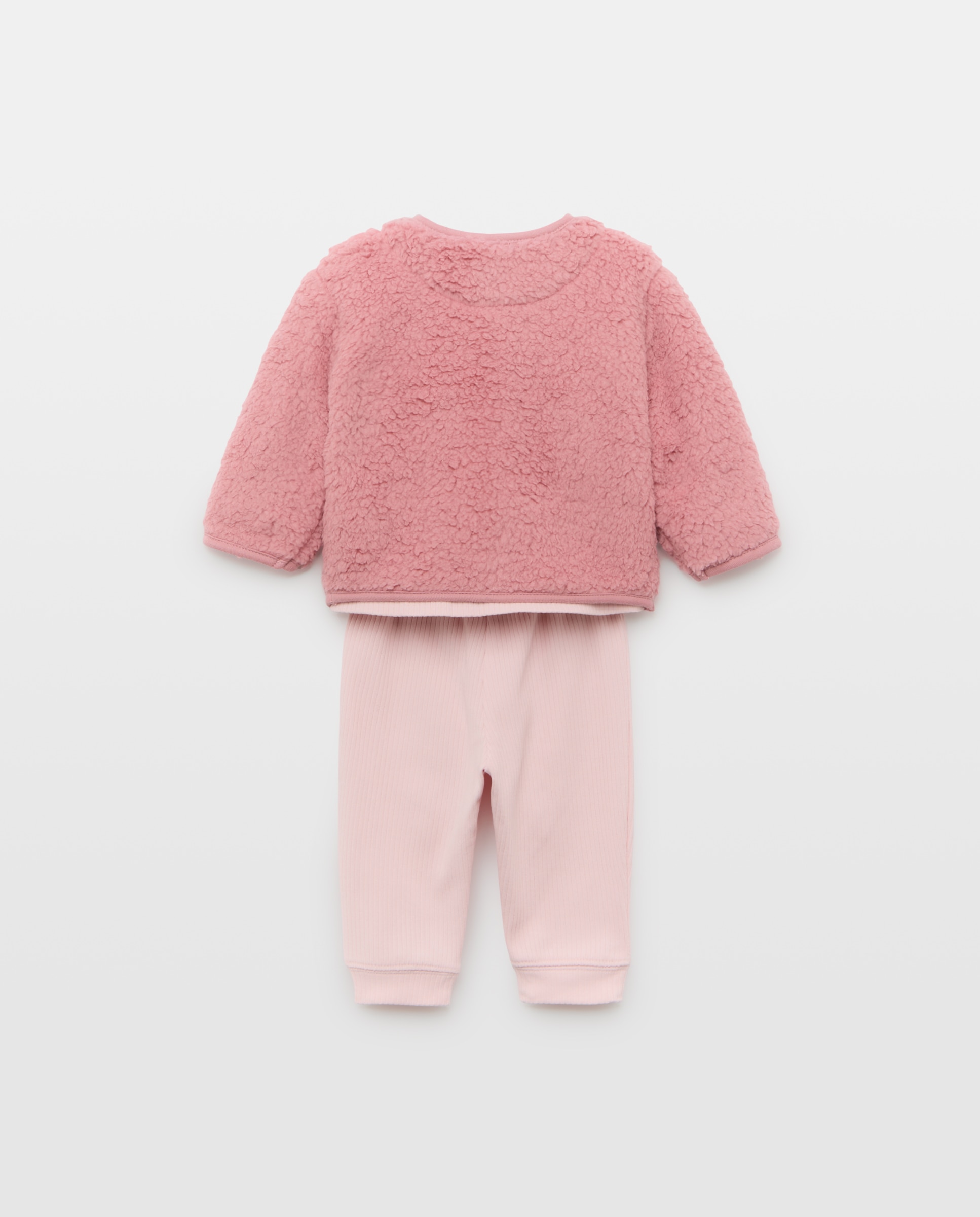 Pijama Completo e Casaco Liso de Bebé com Manga Comprida Rosa-2