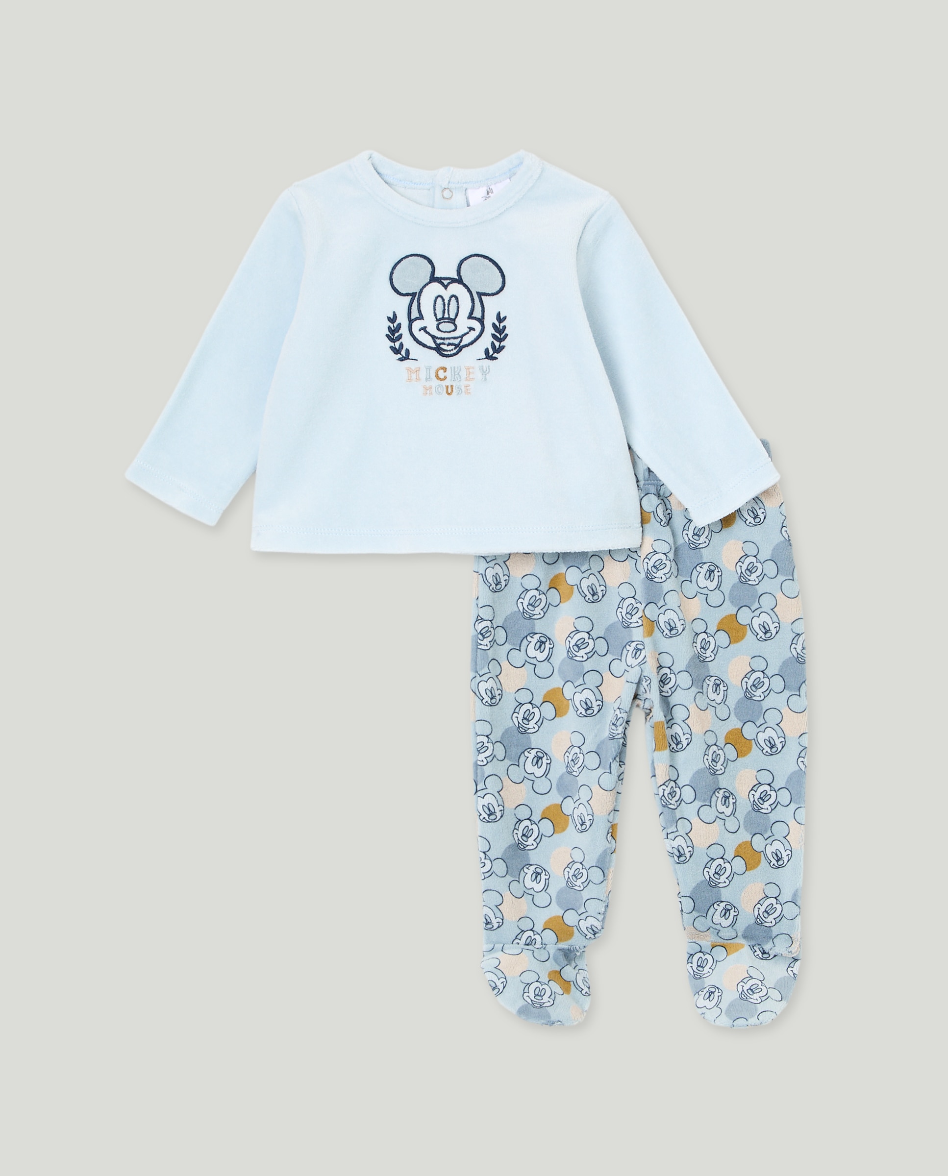 Pijama Comprido de Bebé com Velcro, Cara do Mickey e Calças com Estampado Azul-1