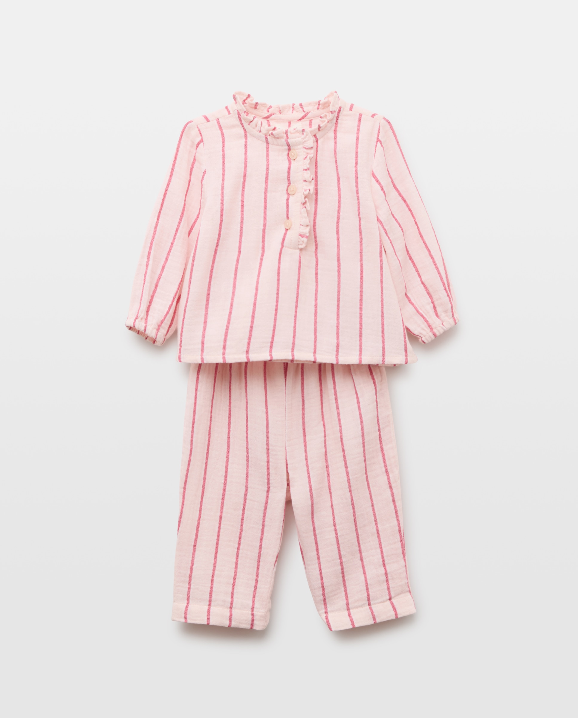 Pijama Completo Comprido de Bebé de Chiffon às Riscas Rosa-1