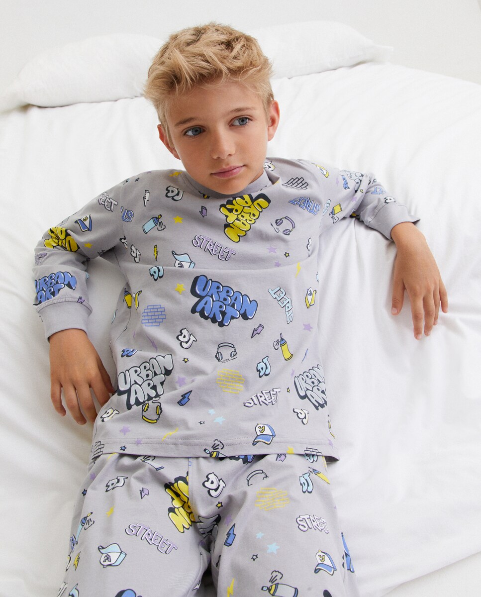 Pijama Completo de Malha com Estampado Preto-2