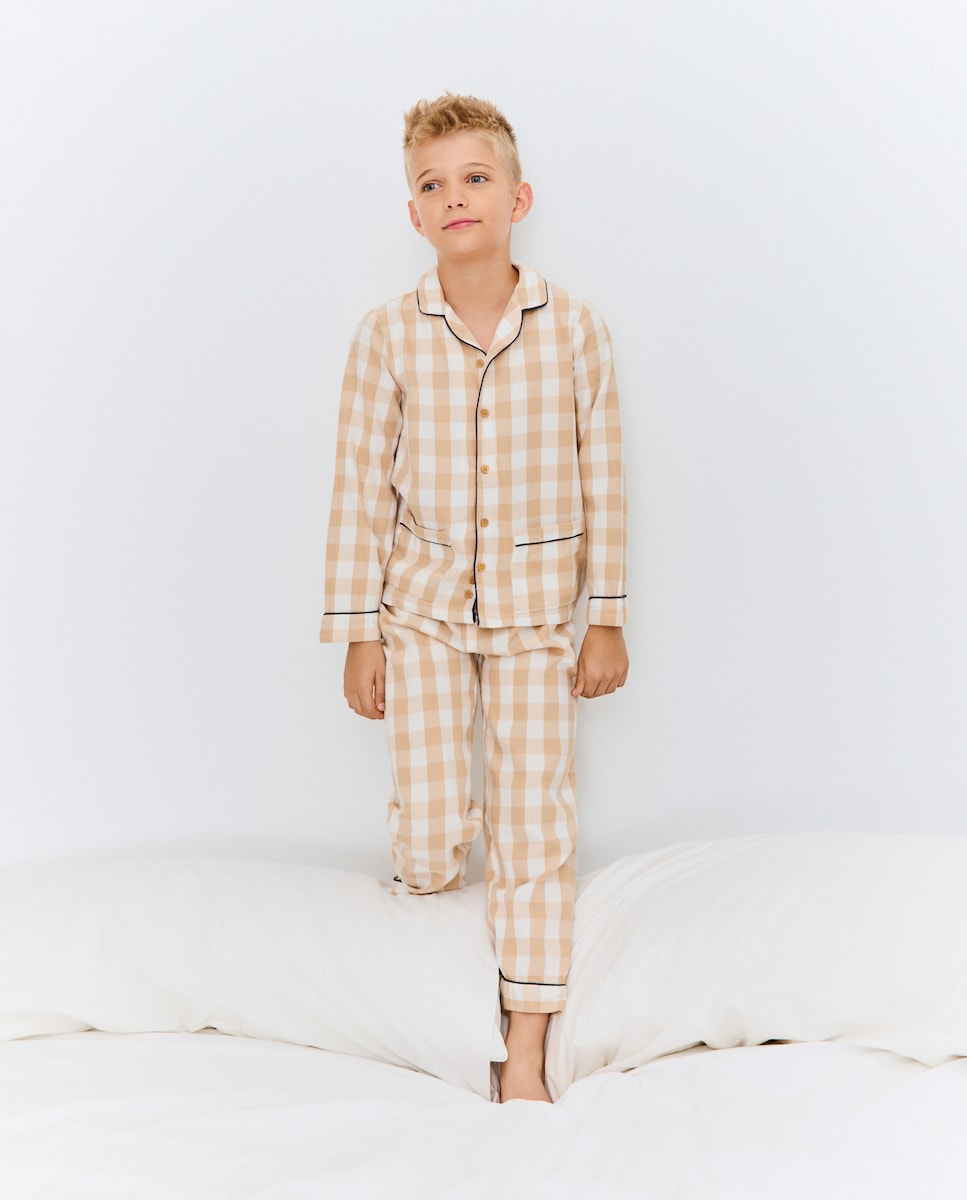 Pijama Comprido Abotoado com Vichy Castanho-2