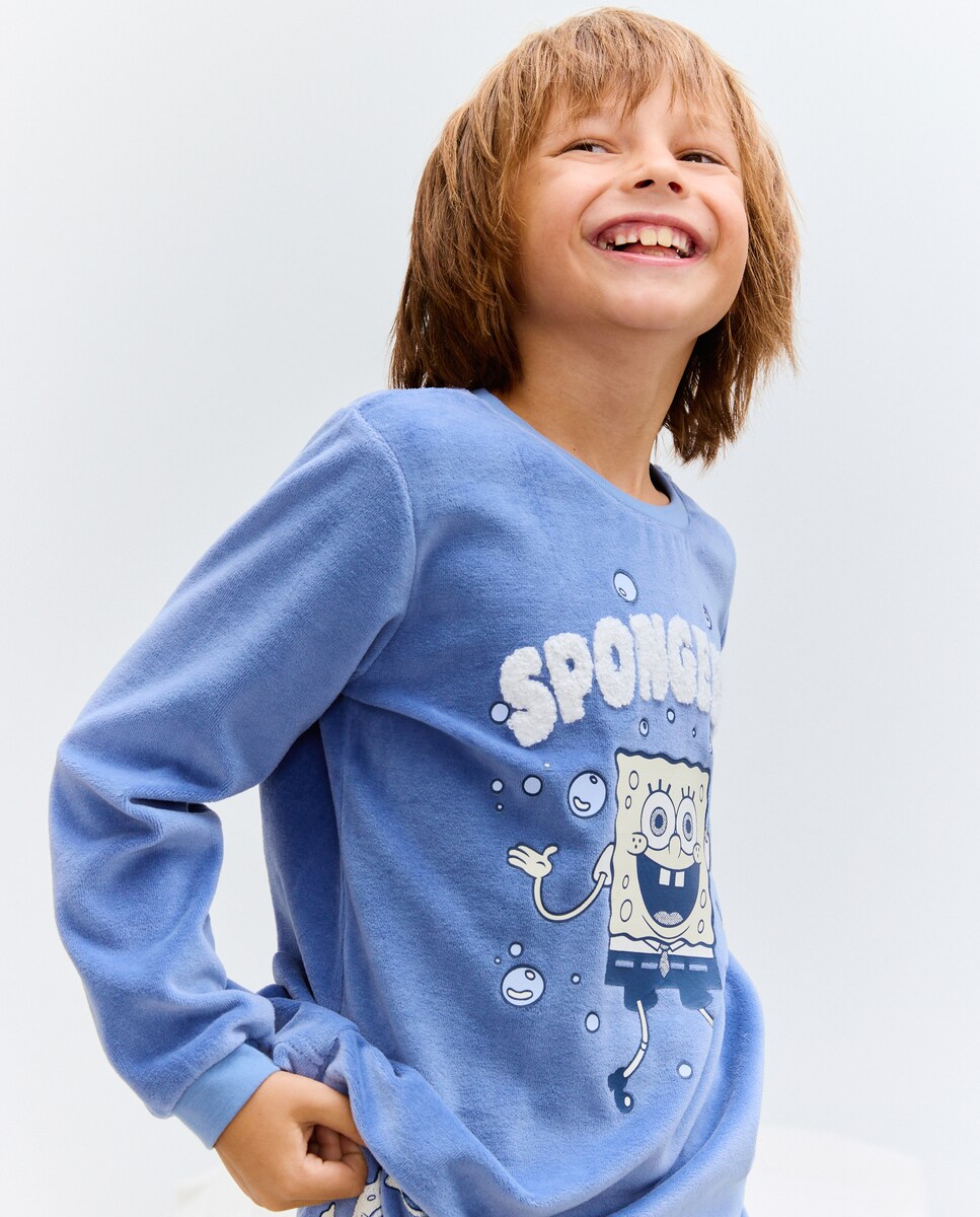 Pijama Completo em Velour com Estampado Sponge Bob Azul-2