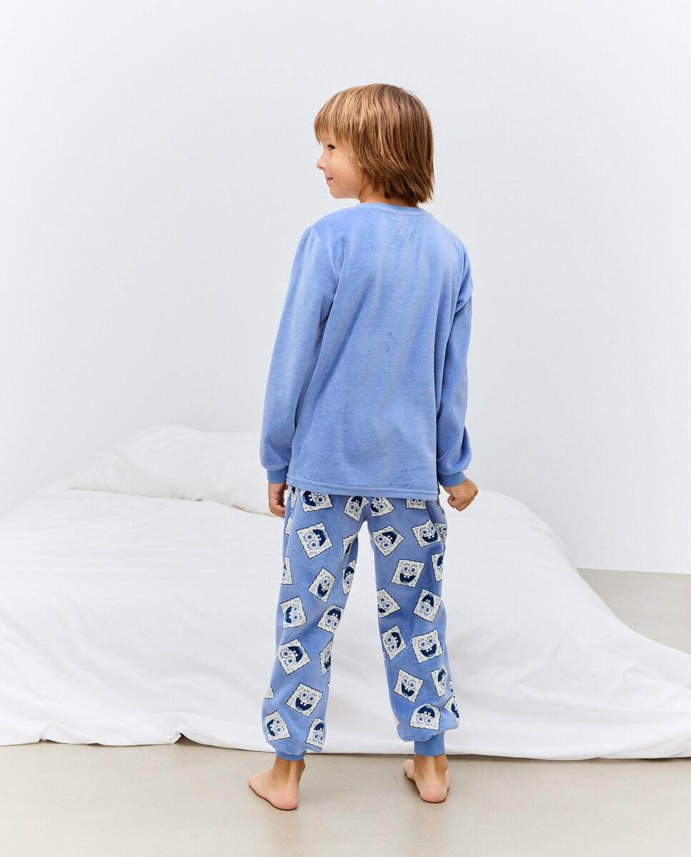 Pijama Completo em Velour com Estampado Sponge Bob Azul-3