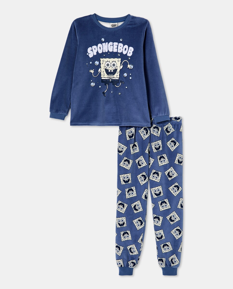 Pijama Completo em Velour com Estampado Sponge Bob Azul-4