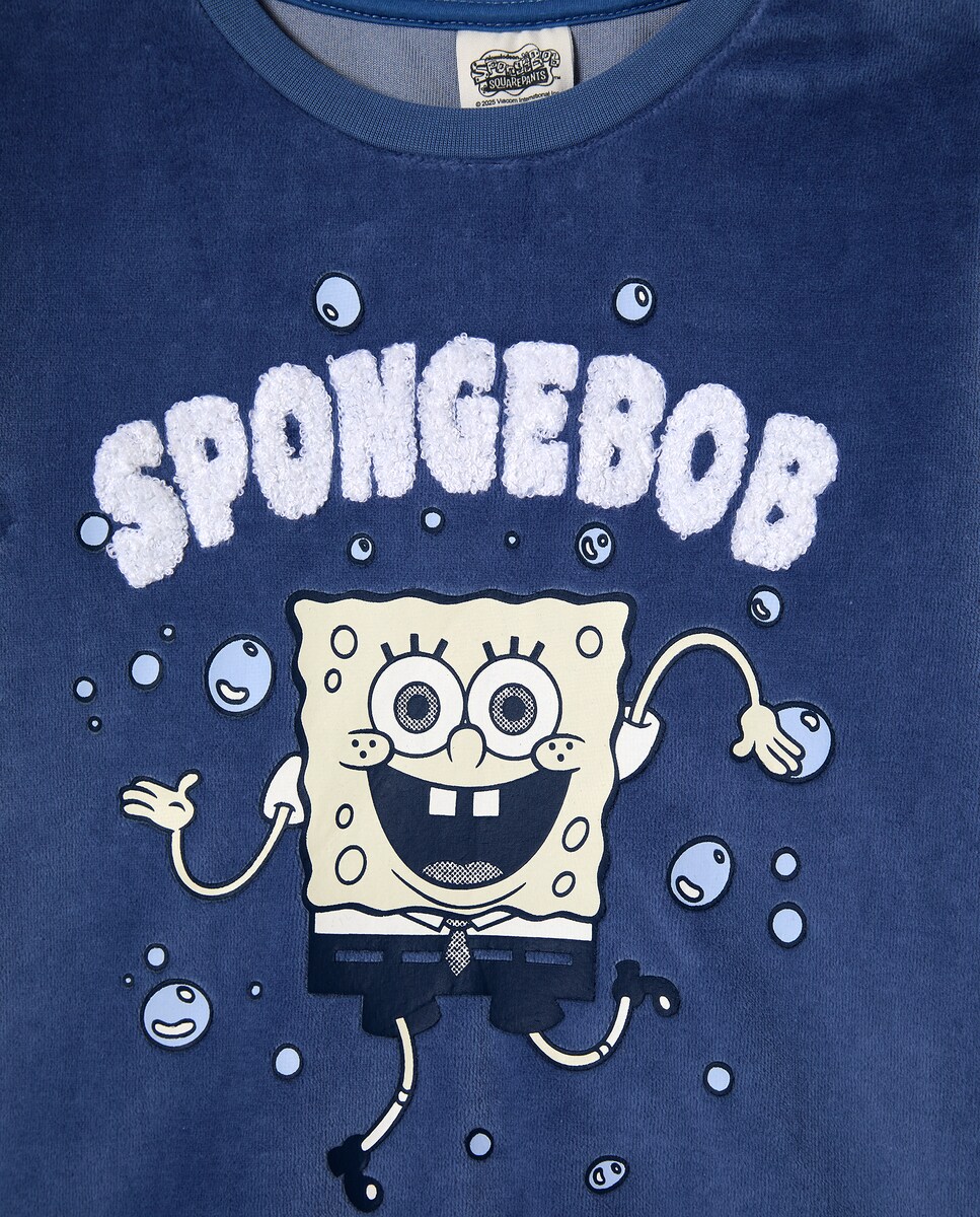 Pijama Completo em Velour com Estampado Sponge Bob Azul-5