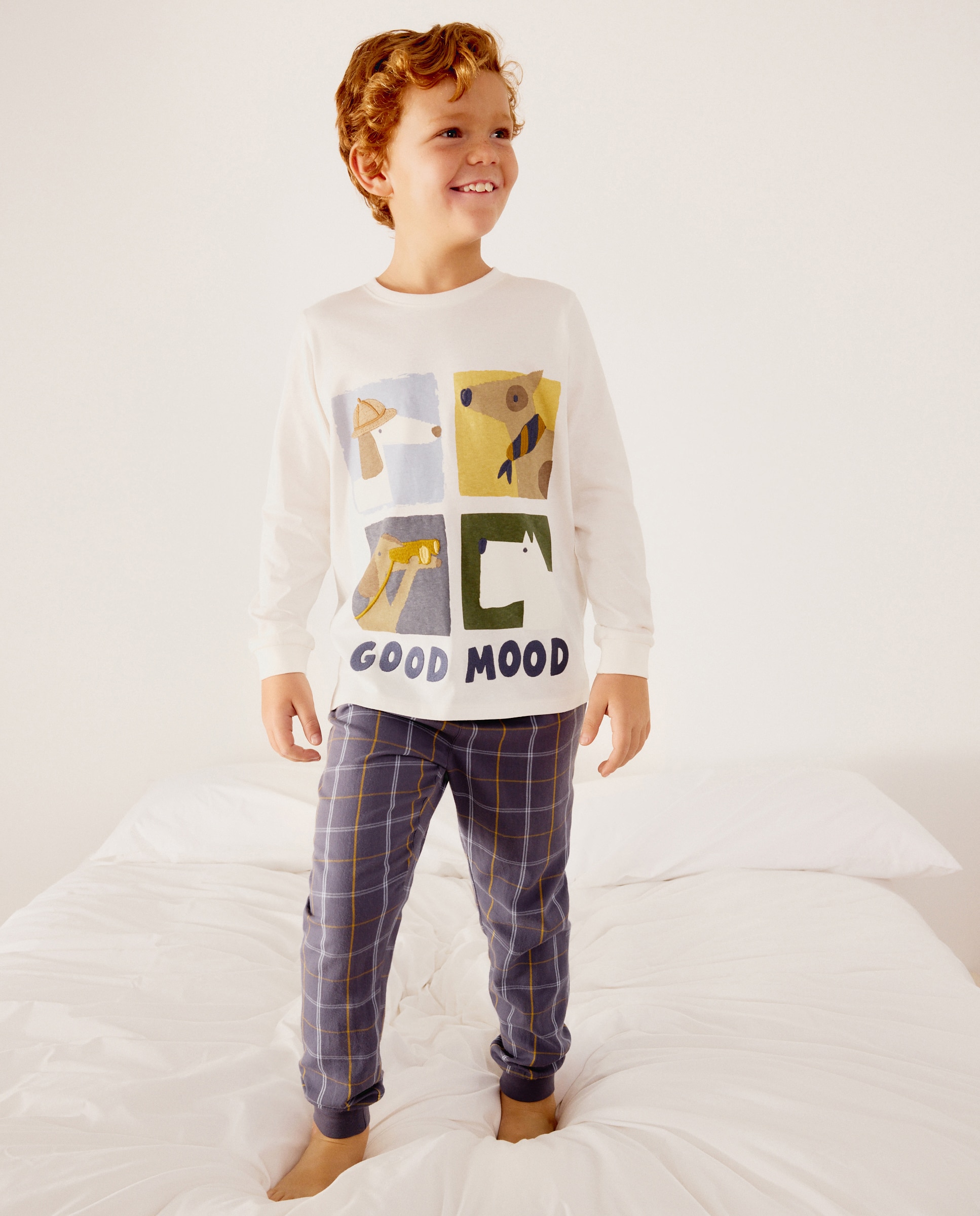 Pijama largo de niño mixto con camiseta perros y patalón de cuadros - Cotton Juice - Azul Azul-1