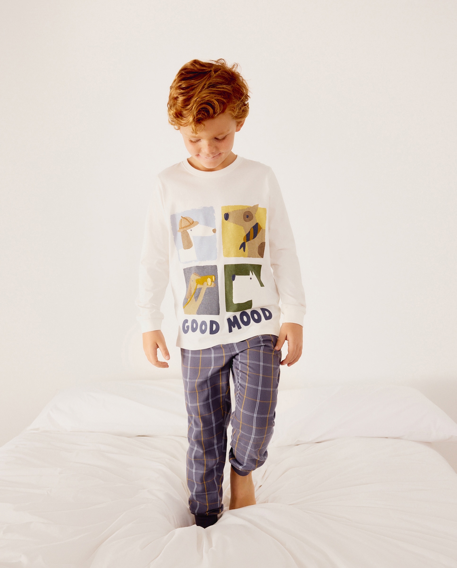 Pijama largo de niño mixto con camiseta perros y patalón de cuadros - Cotton Juice - Azul Azul-2