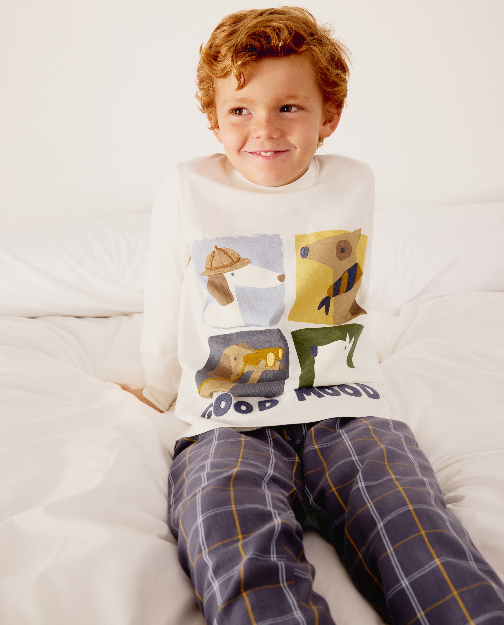 Pijama largo de niño mixto con camiseta perros y patalón de cuadros - Cotton Juice - Azul Azul-3