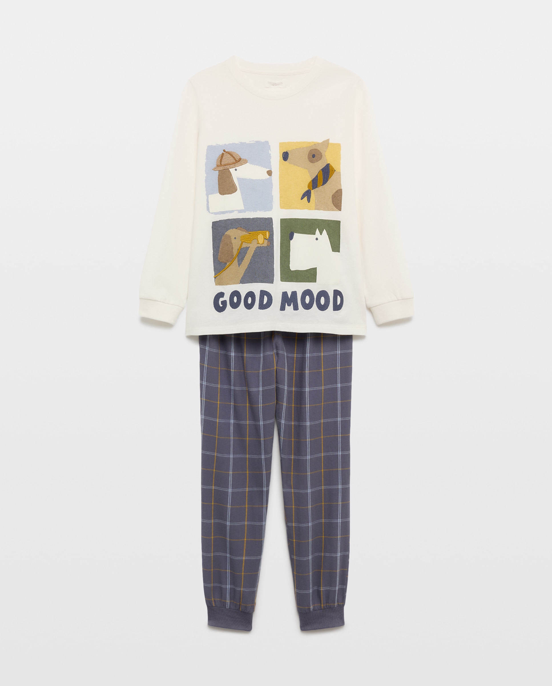 Pijama largo de niño mixto con camiseta perros y patalón de cuadros - Cotton Juice - Azul Azul-5