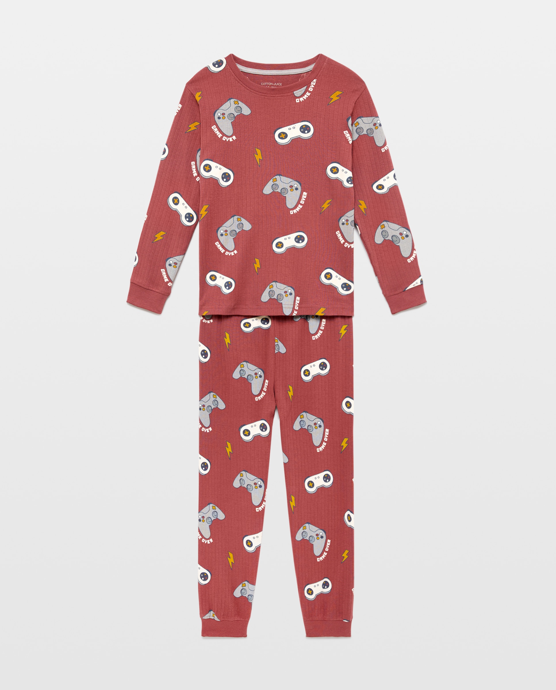 Pijama de Malha com Manga Comprida e Calças com Estampado de Fantasia Cotton Juice Vermelho-4