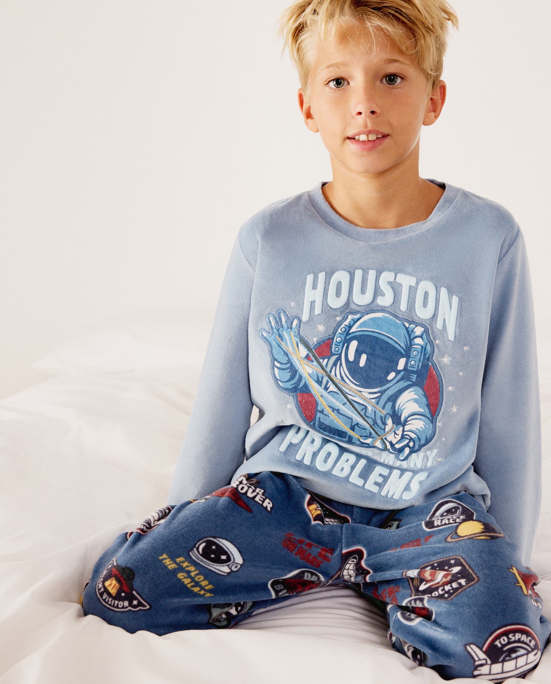 Pijama largo de velour estampado astronauta de niño - Cotton Juice - Azul Azul-1