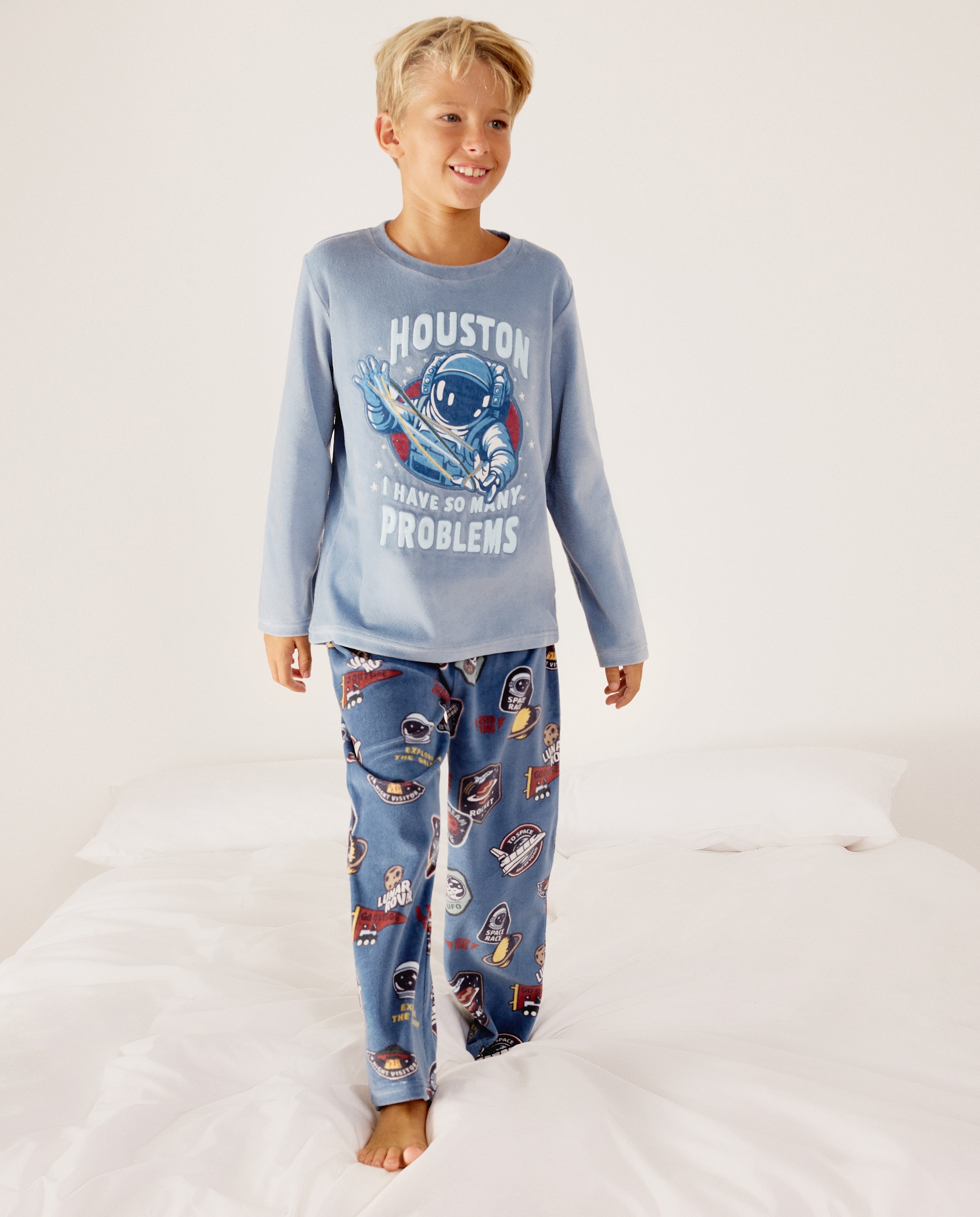 Pijama largo de velour estampado astronauta de niño - Cotton Juice - Azul Azul-2