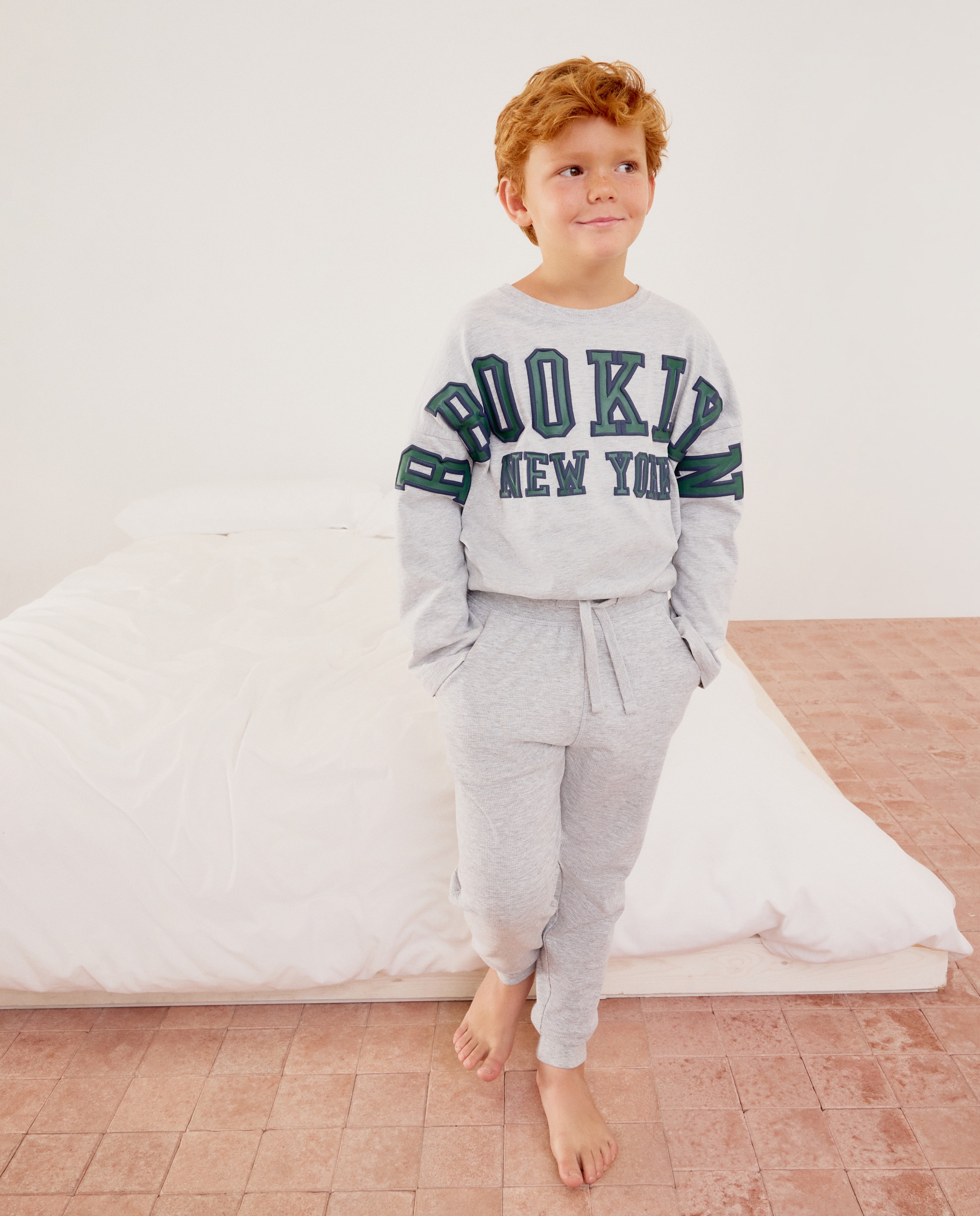 Pantalón largo punto liso con estructura de niño - Cotton Juice - 820 Gris medio 820 Gris medio-1