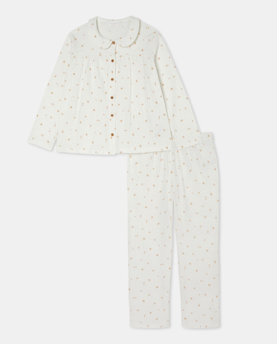Pijama de Malha Estampado com Botões e Gola de Bebé Branco-4