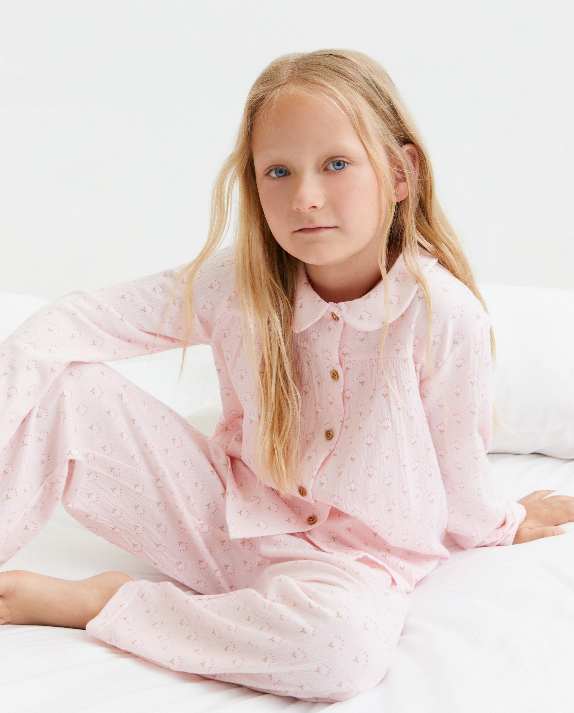 Pijama de Malha Estampado com Botões e Gola de Bebé Branco-1