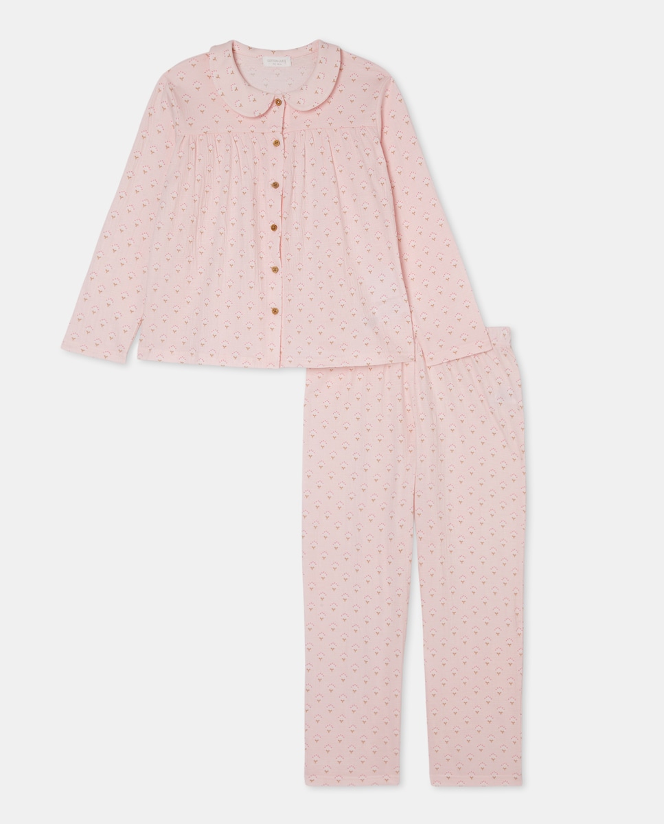 Pijama de Malha Estampado com Botões e Gola de Bebé Branco-4