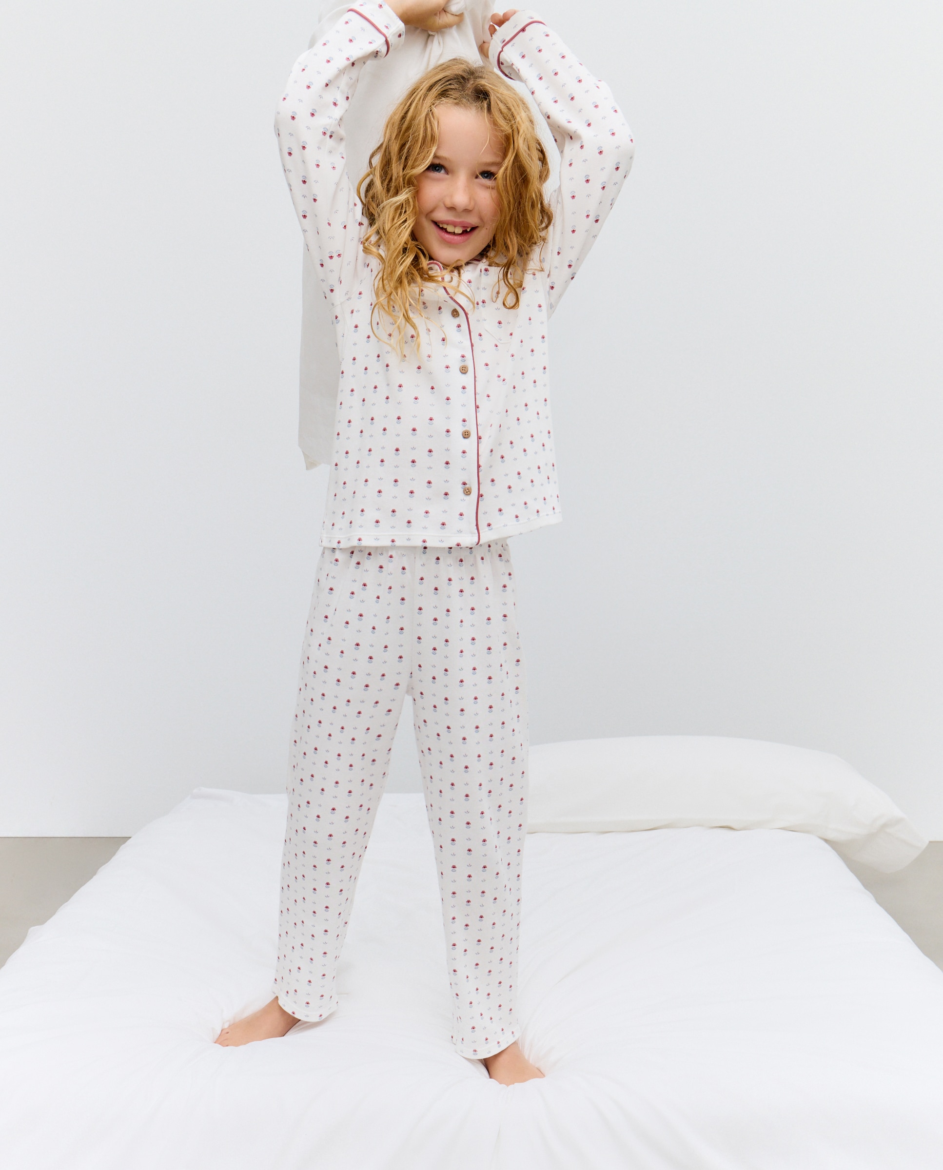 Pijama de Malha Abotoado com Estampado Floral e Carimbo Branco-1