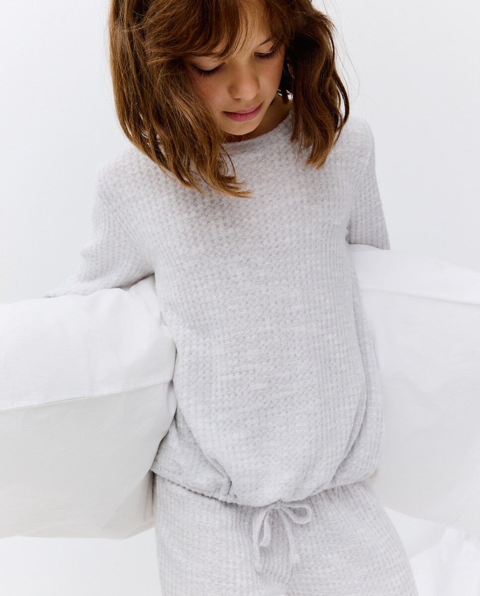 Pijama Comprido de Malha Recortada Cinzento-claro-2