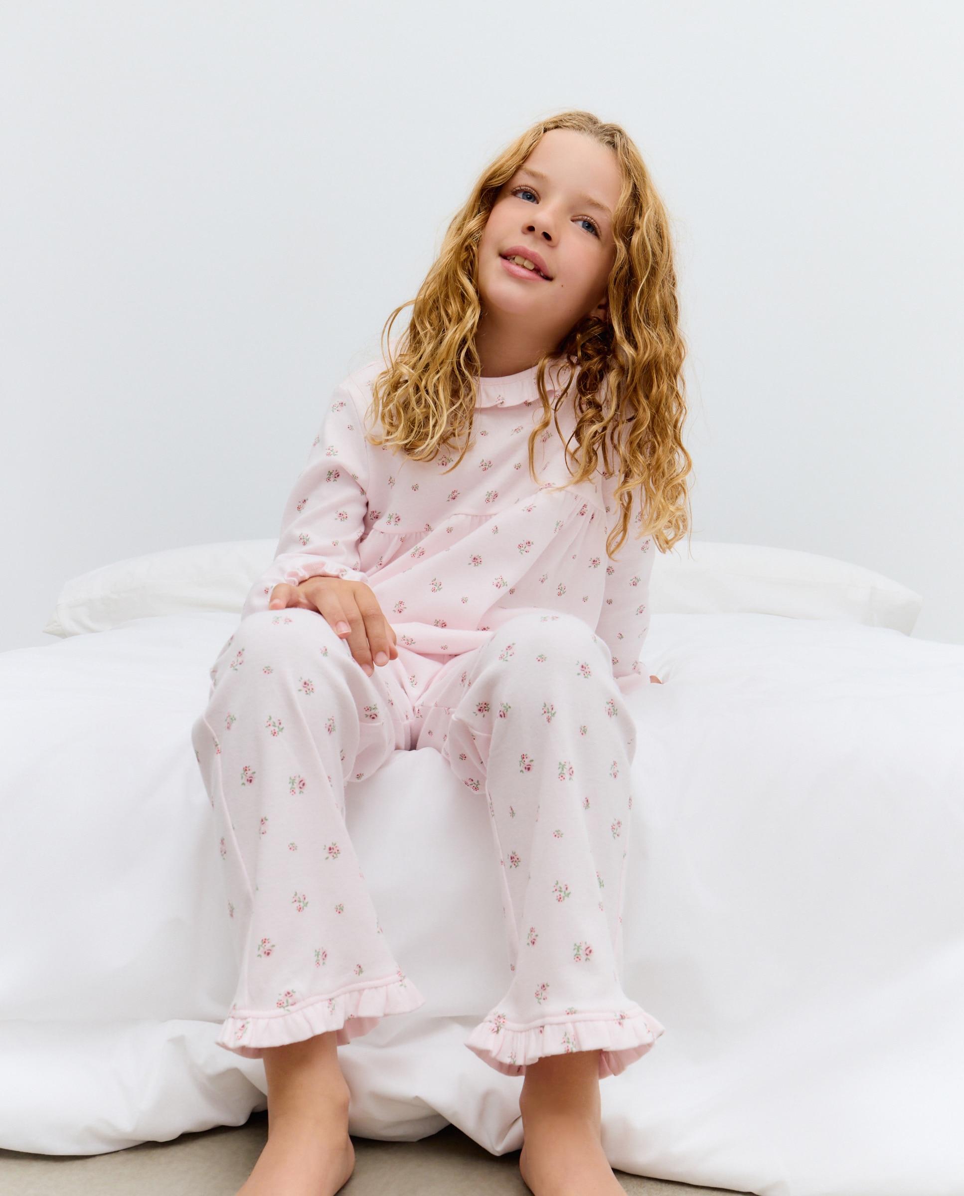 Pijama Comprido de Malha com Prega e Gola com Flores Rosa-1