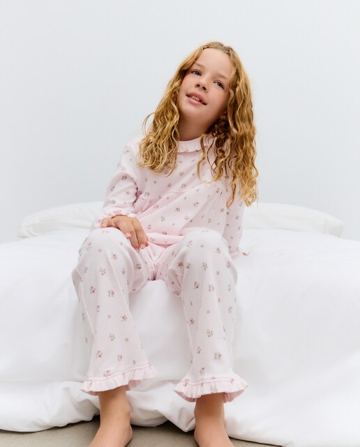 Imagem 0 de Pijama Comprido de Malha com Prega e Gola com Flores