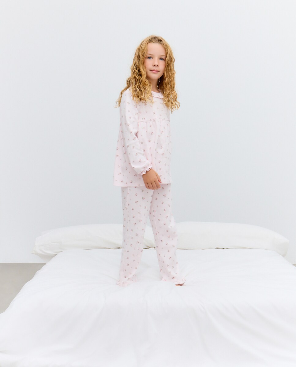 Pijama Comprido de Malha com Prega e Gola com Flores Rosa-2