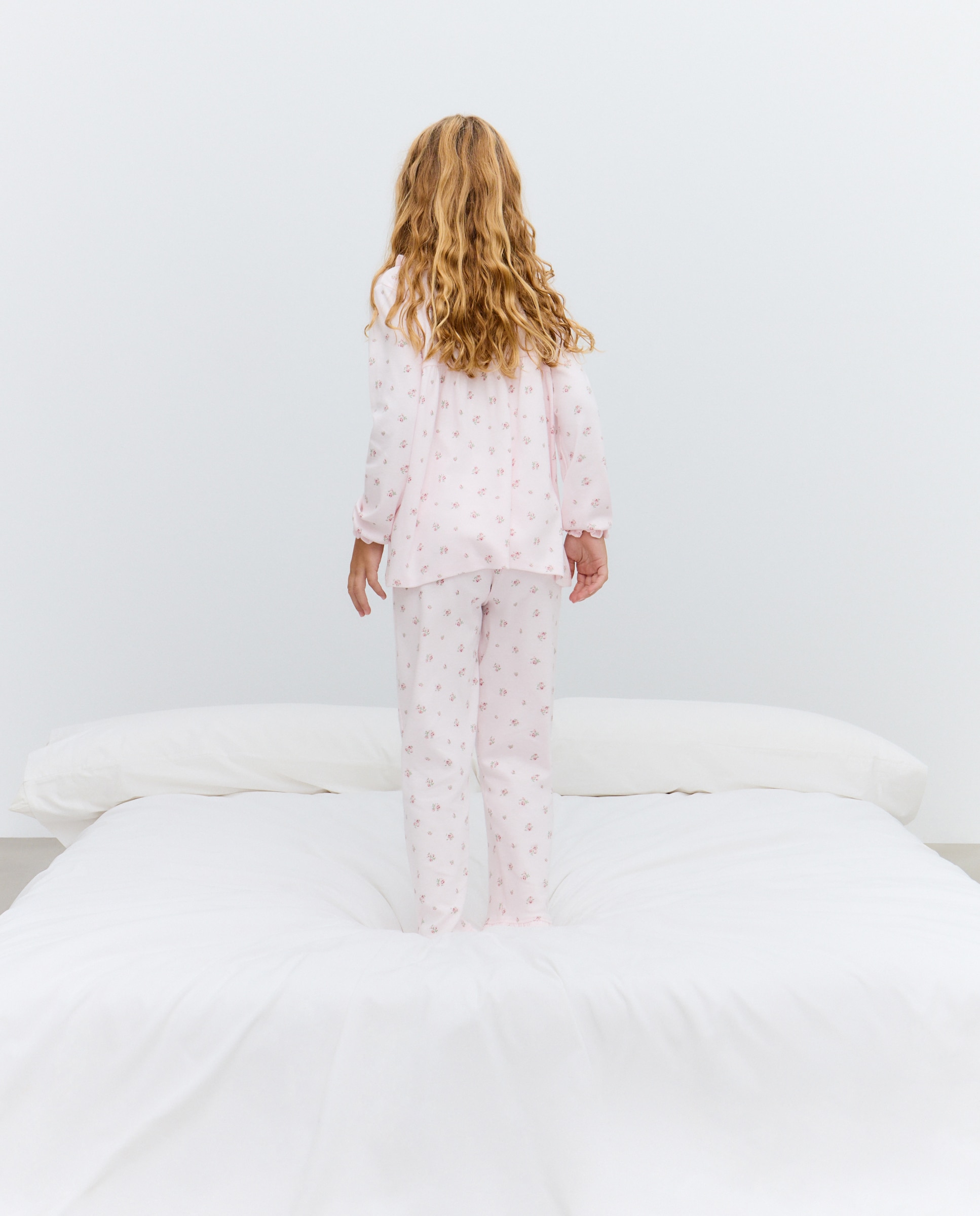 Pijama Comprido de Malha com Prega e Gola com Flores Rosa-3