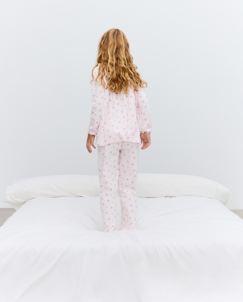 Pijama Comprido de Malha com Prega e Gola com Flores Rosa-3
