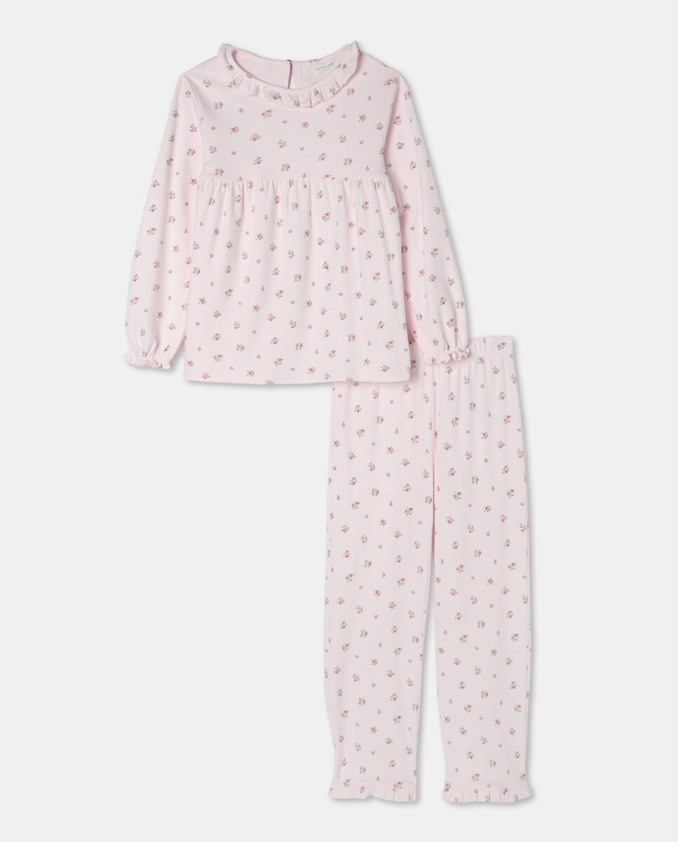 Pijama Comprido de Malha com Prega e Gola com Flores Rosa-4