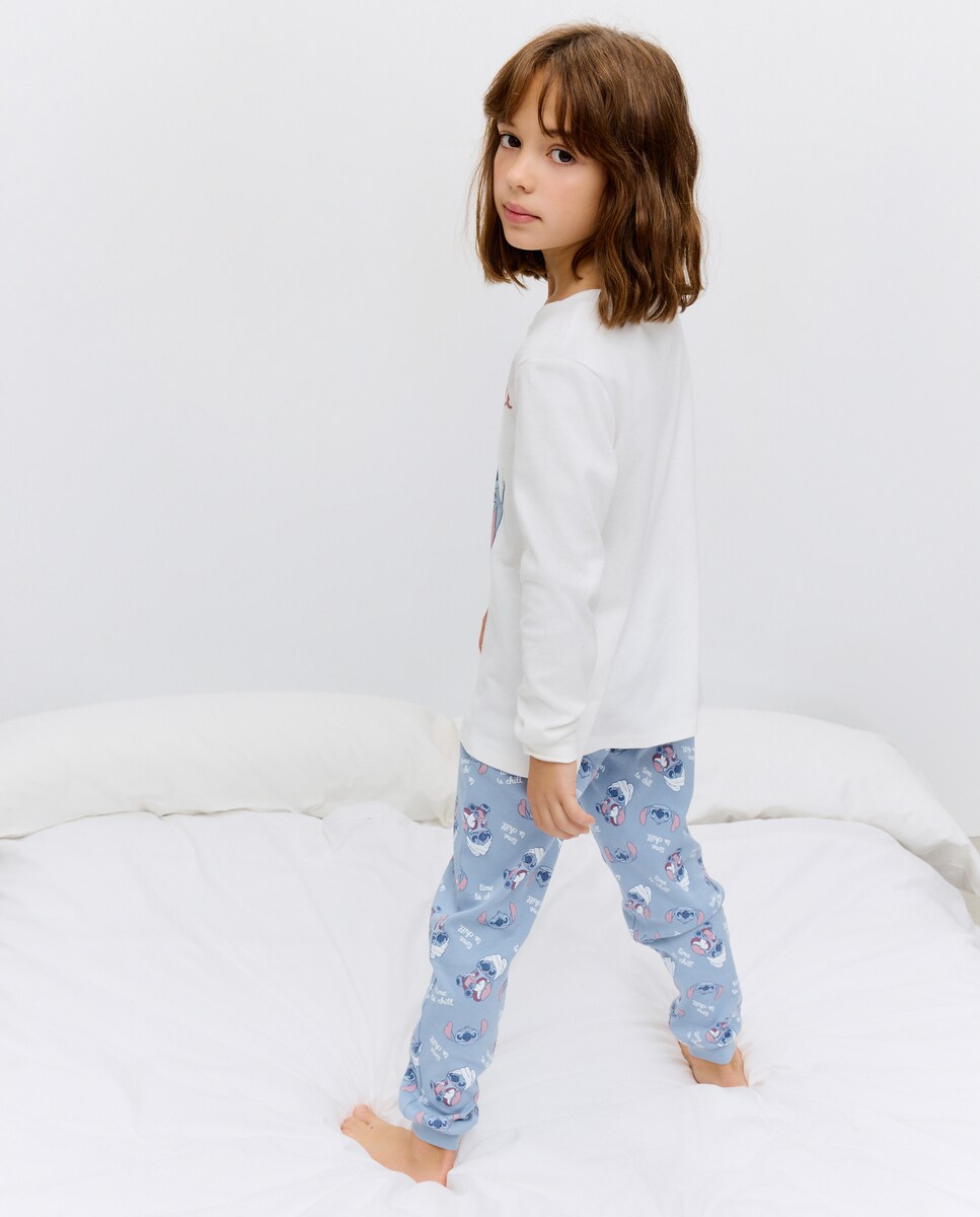 Pijama Comprido de Malha com Estampado do Stitch a Dormir e Calças com Estampado Branco-3