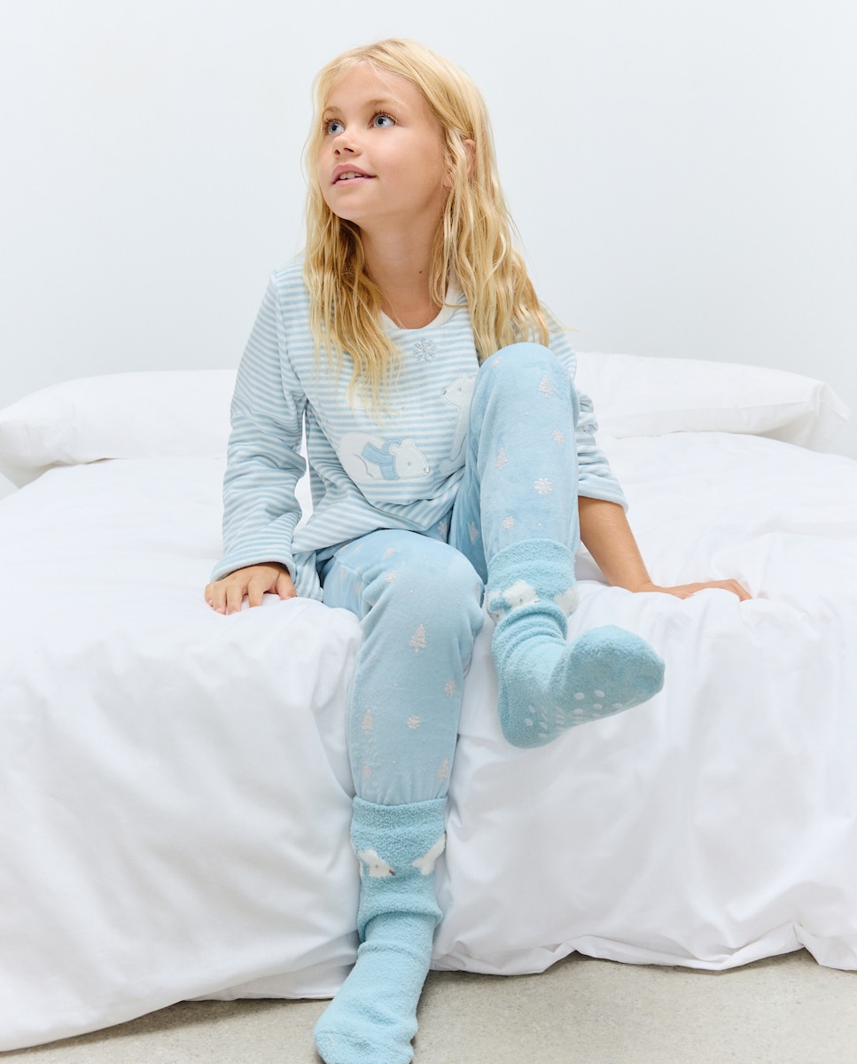 Pijama Comprido com Estampado de Fantasia e Meias Azul-1