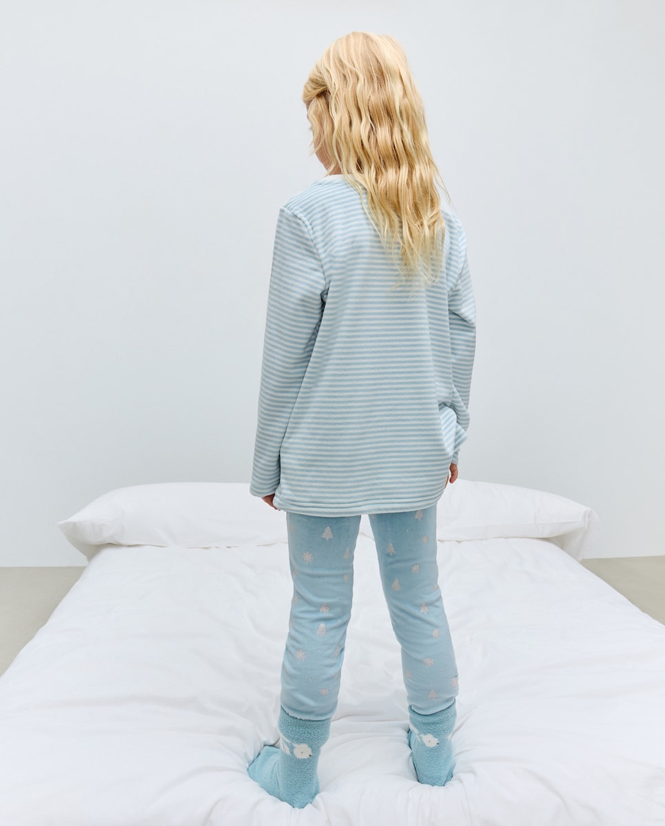 Pijama Comprido com Estampado de Fantasia e Meias Azul-3