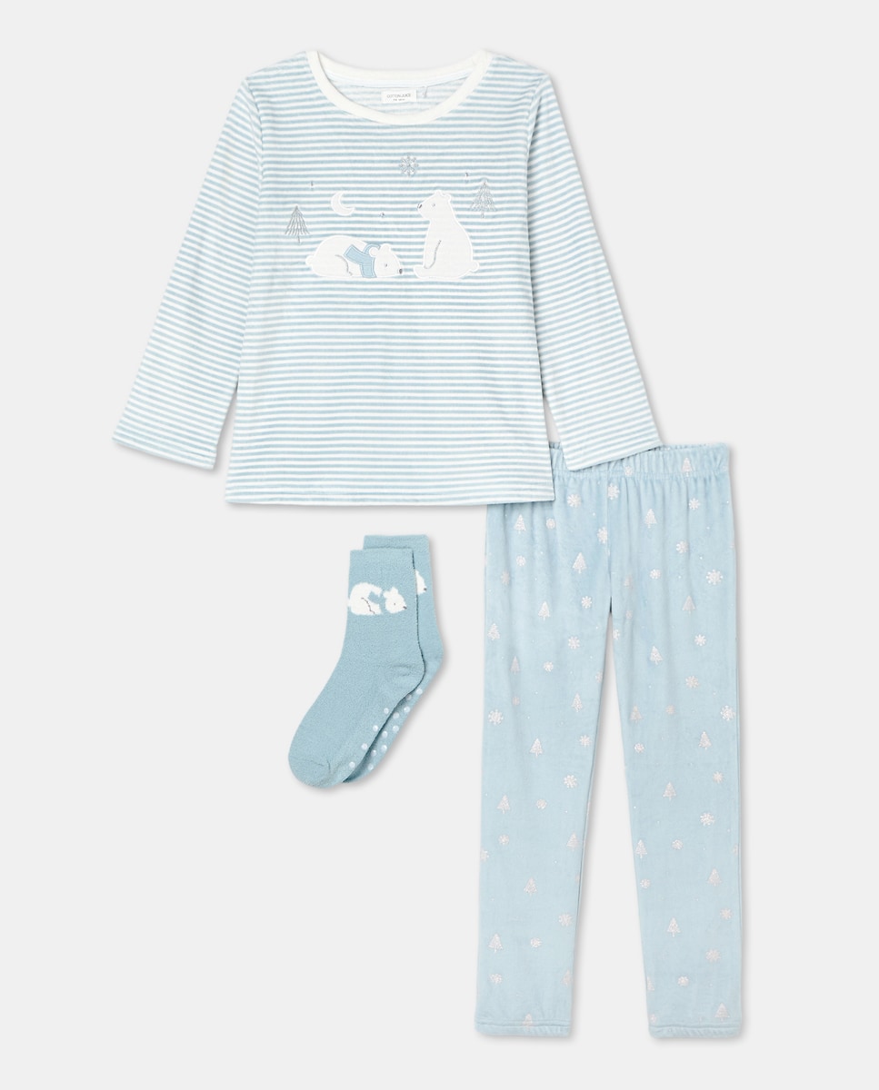 Pijama Comprido com Estampado de Fantasia e Meias Azul-4