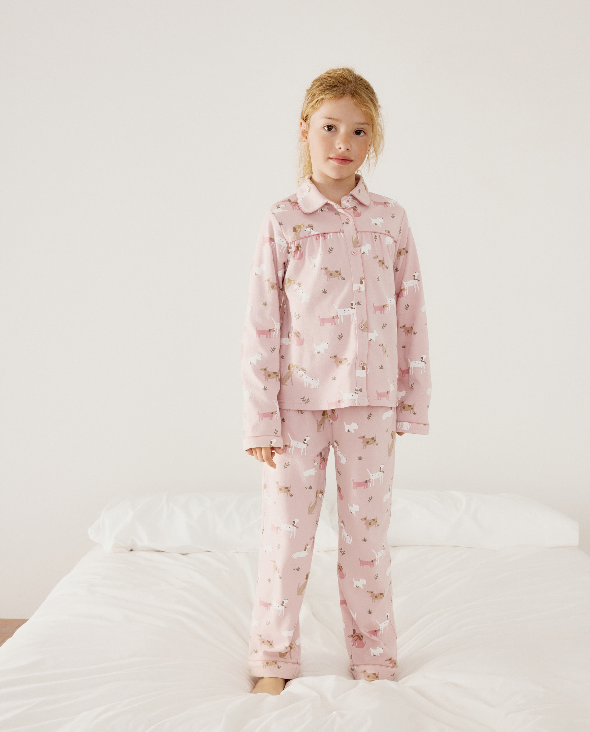Imagen 2 de Pijama de niña largo en punto abotonado fantasía perros - Cotton Juice - Rosa Rosa