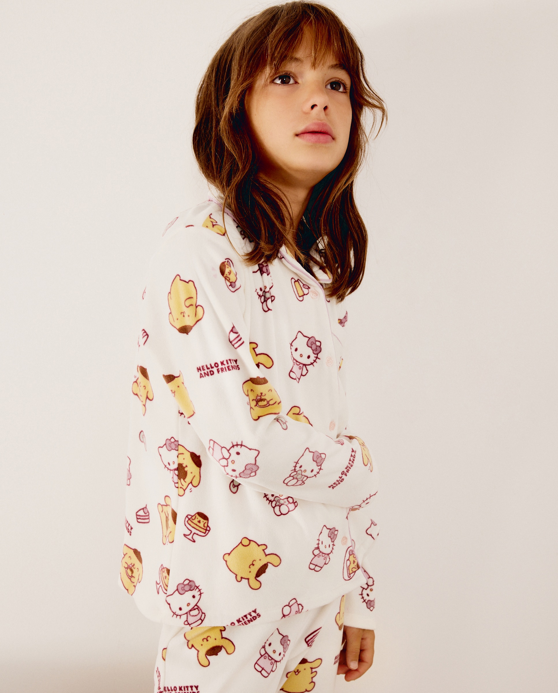 Pijama completo largo silky abot con estampado POMPOMPURIN & HK de niña - Cotton Juice - Blanco Blanco-1