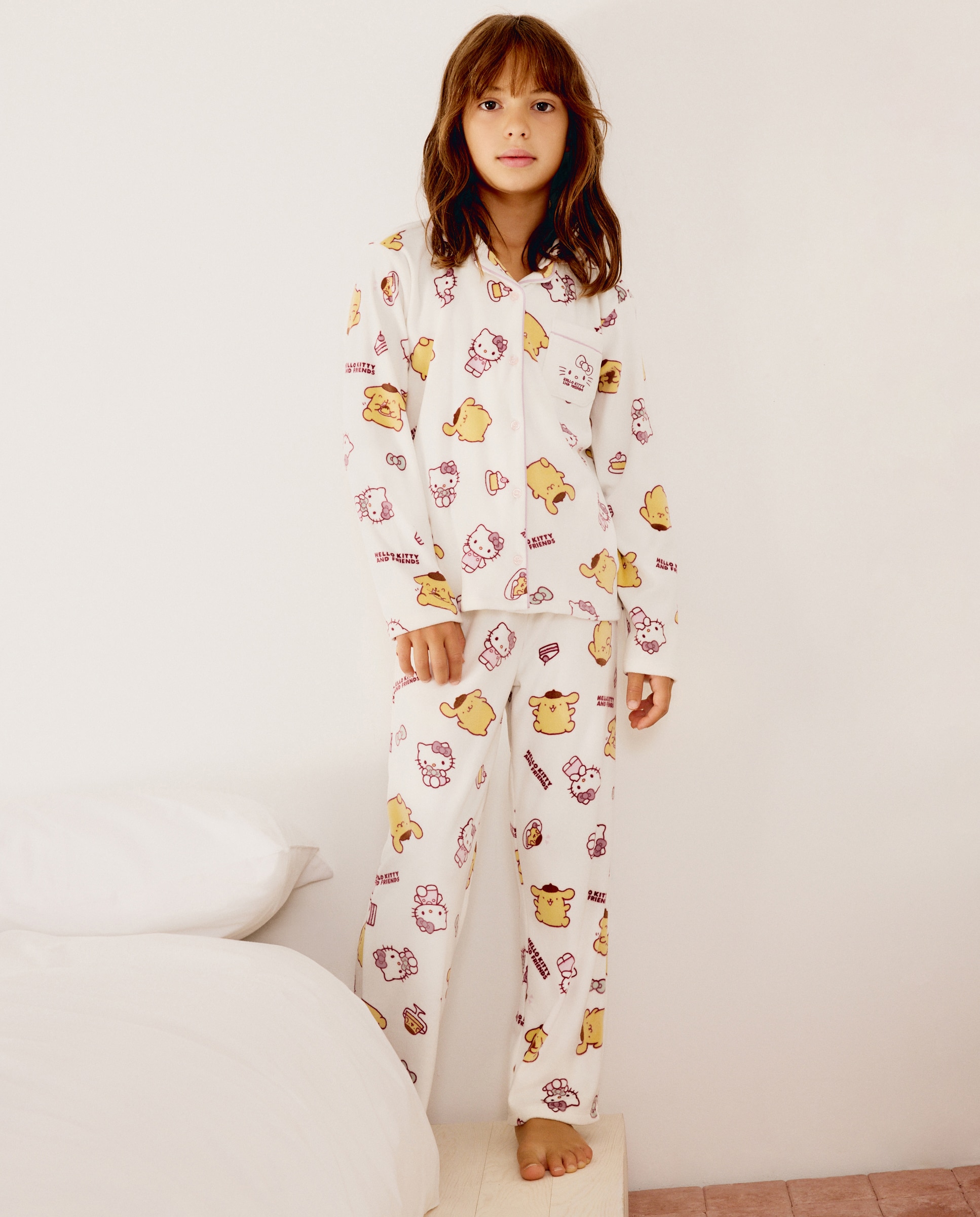 Pijama completo largo silky abot con estampado POMPOMPURIN & HK de niña - Cotton Juice - Blanco Blanco-2