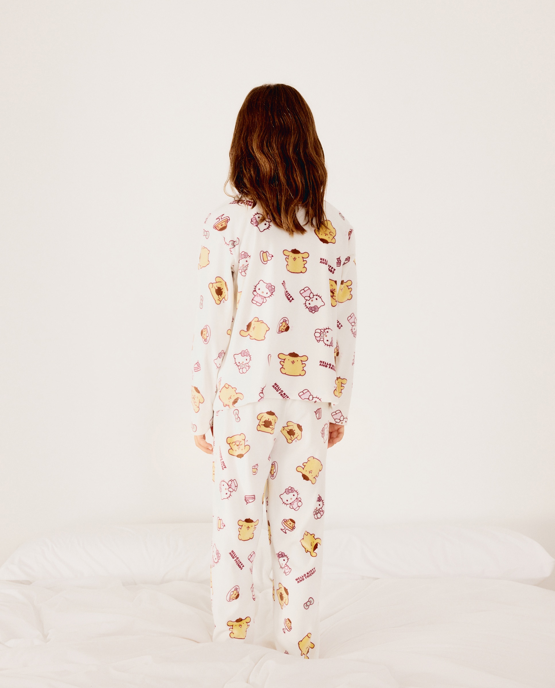 Pijama completo largo silky abot con estampado POMPOMPURIN & HK de niña - Cotton Juice - Blanco Blanco-3