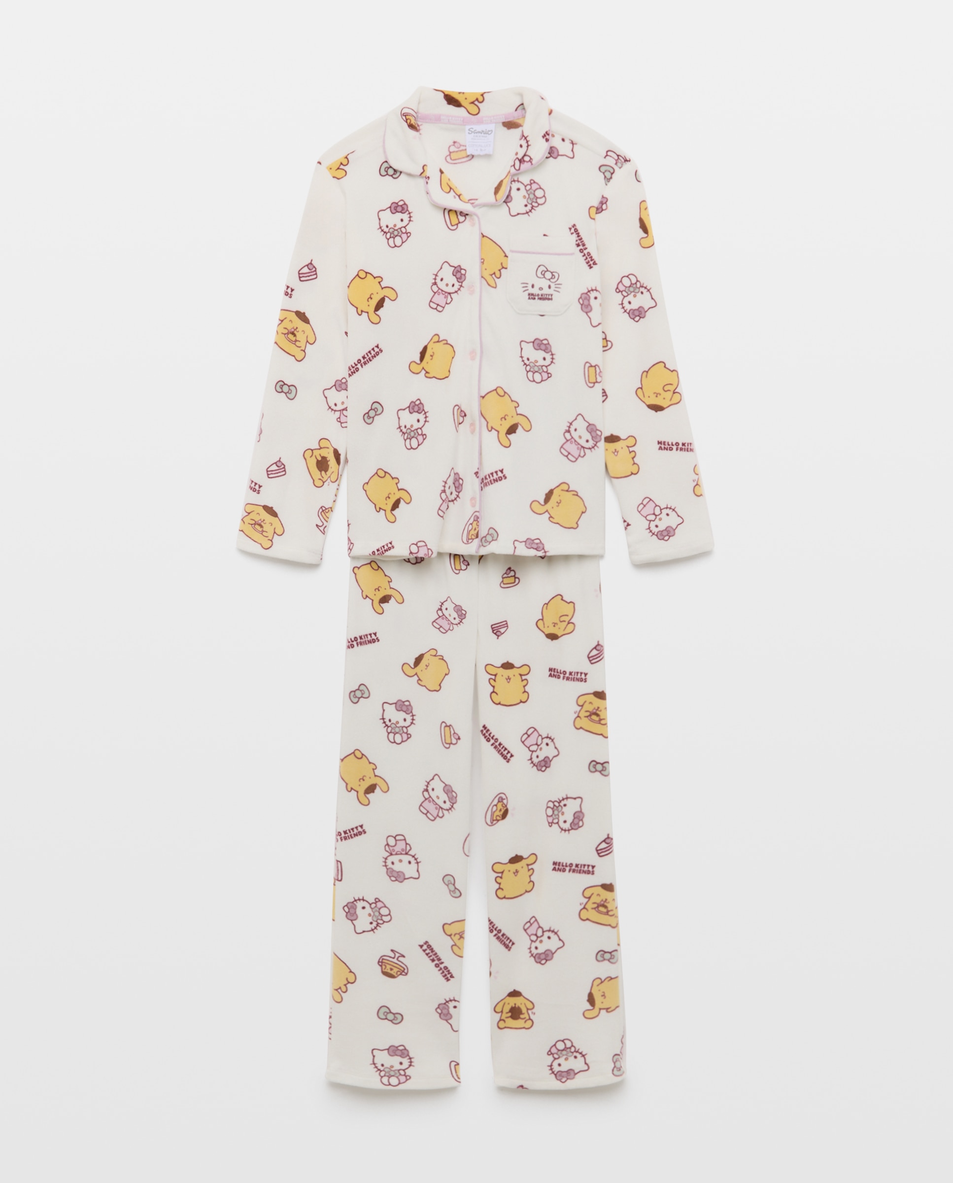 Pijama completo largo silky abot con estampado POMPOMPURIN & HK de niña - Cotton Juice - Blanco Blanco-4
