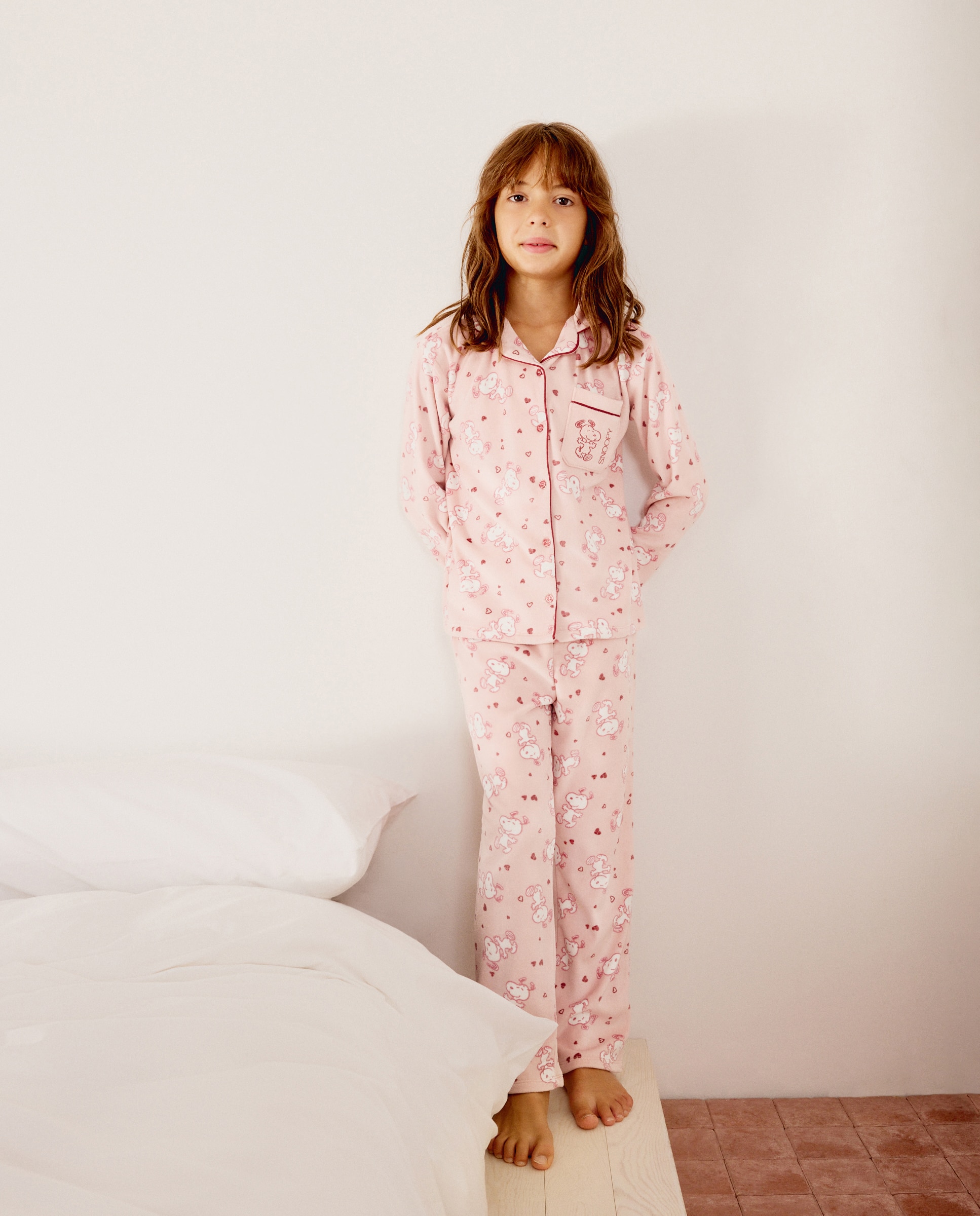 Pijama completo largo silky abot estampado SNOOPY de niña - Cotton Juice - Rosa Rosa-1