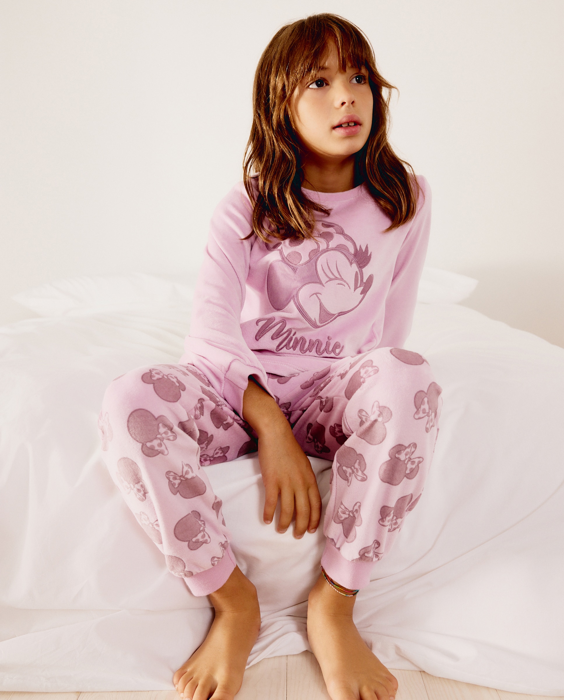 Pijama largo en velour con fantasía MINNIE de niña - Cotton Juice - Rosa Rosa-1