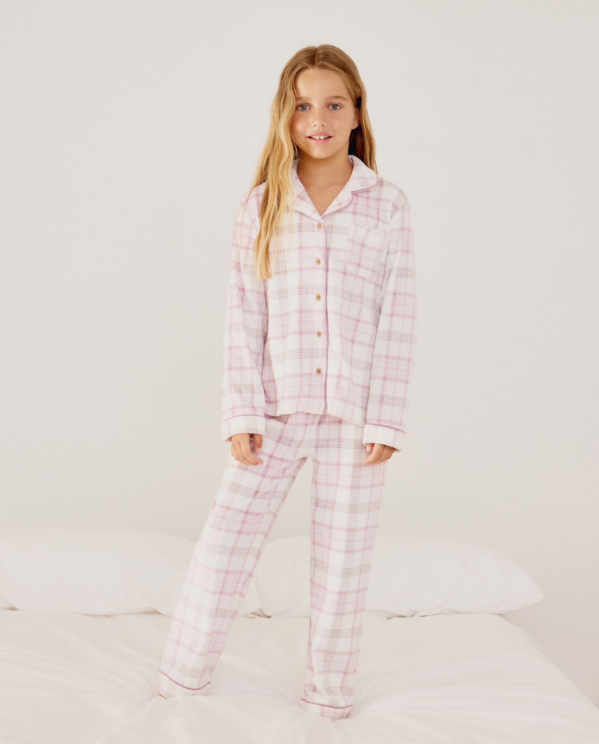Pijama Abotoado com Estampado aos Quadrados Rosa-2