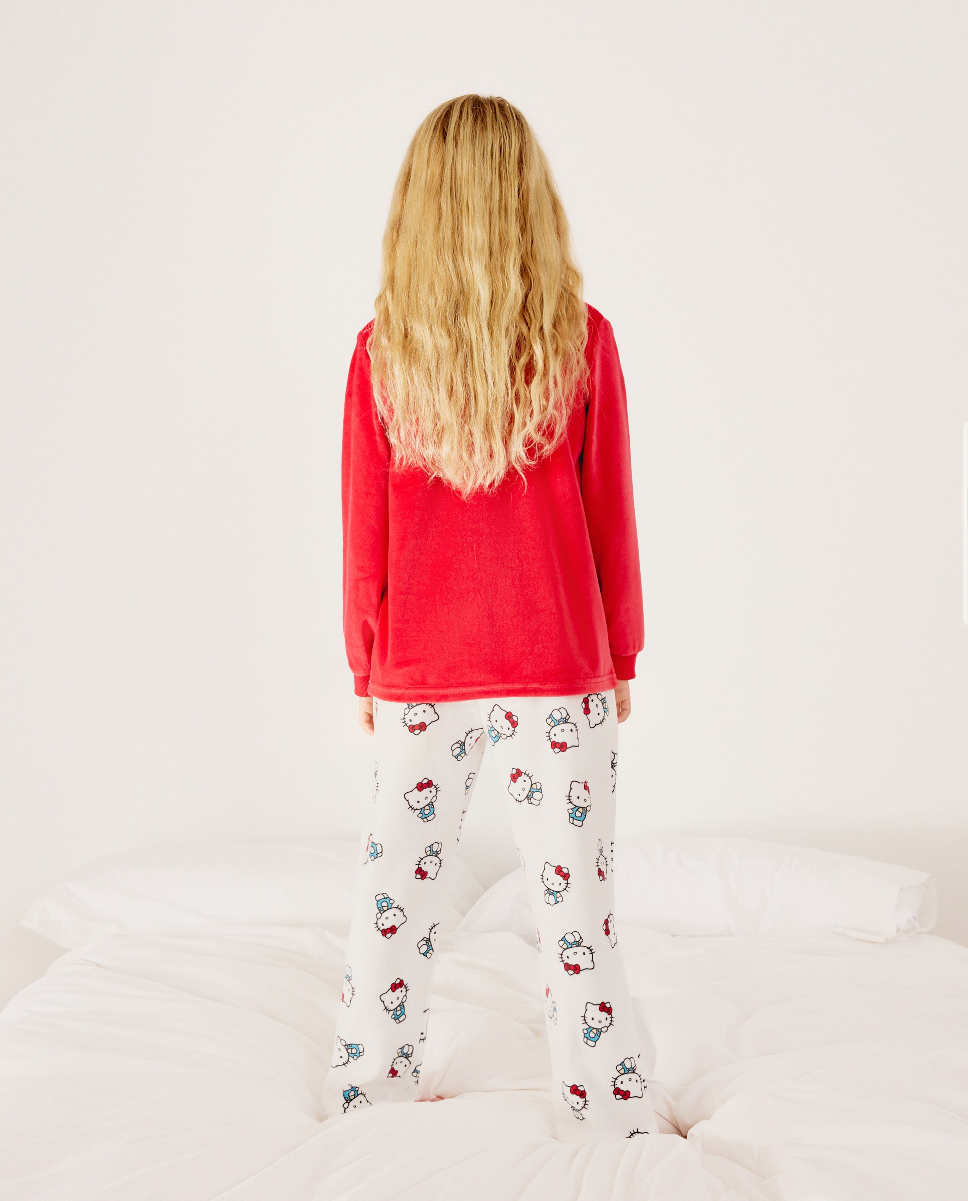 Imagen 3 de Pijama completo velour camiseta manga larga y pantalón largo fantasía HELLO KITTY de niña - Cotton Juice - Rojo Rojo