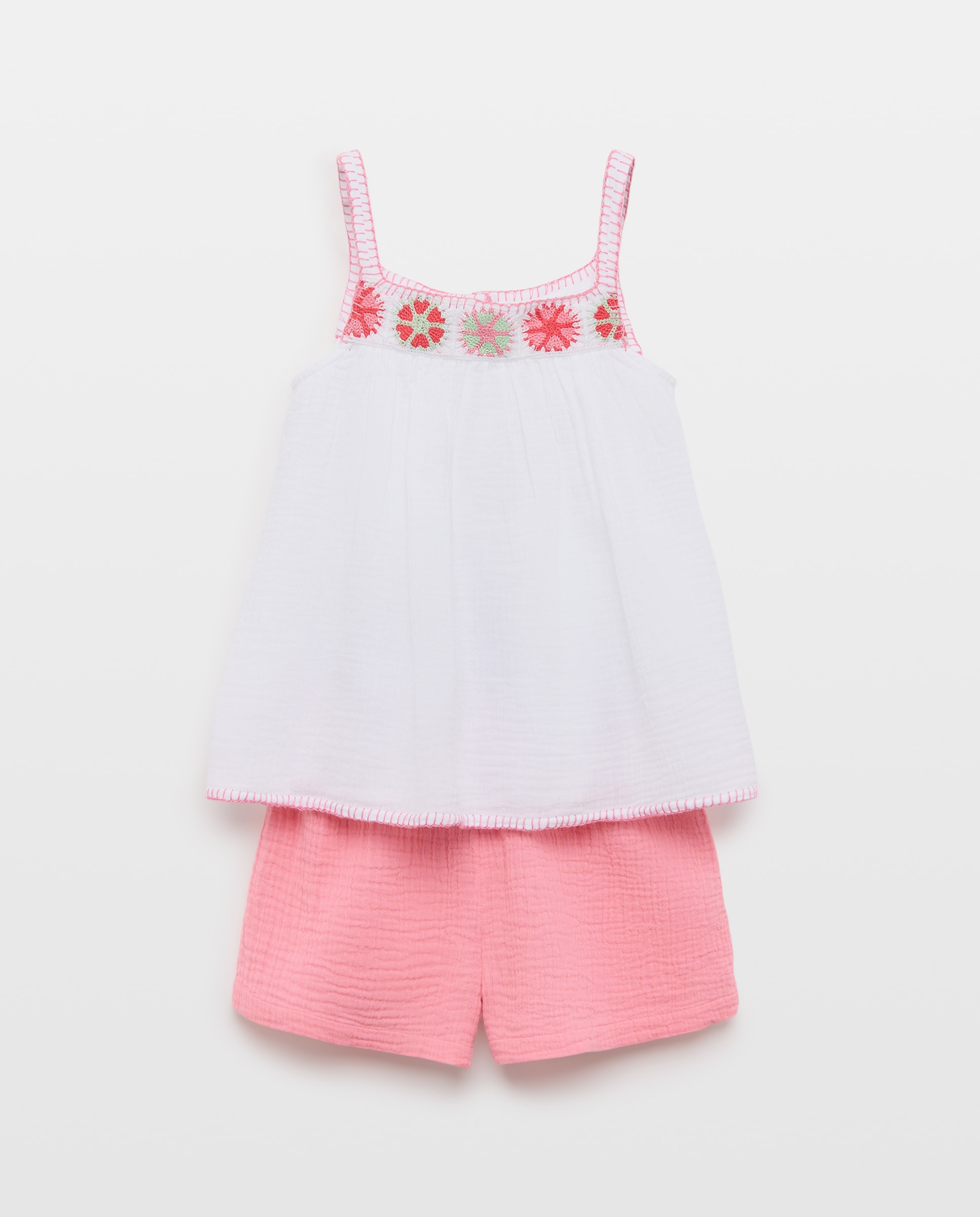 Pijama Curto Completo Plano e com Crochet Rosa-5