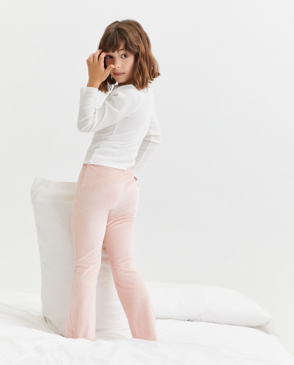 Calças de Malha Canelada Flare 220 Rosa Pálido-3