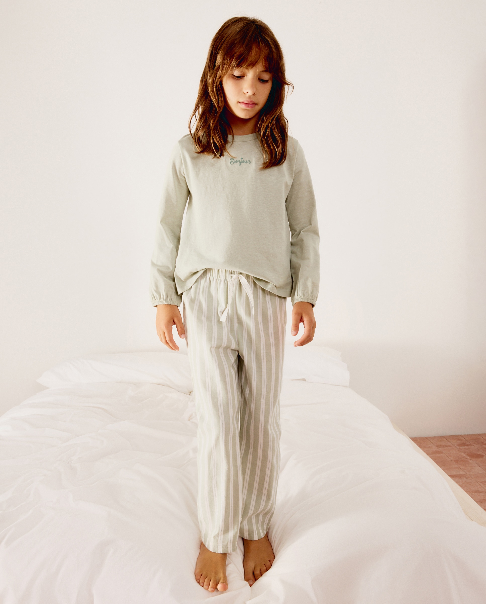 Pantalón largo tejido fantasía rayas de niña - Cotton Juice - Verde Verde-1