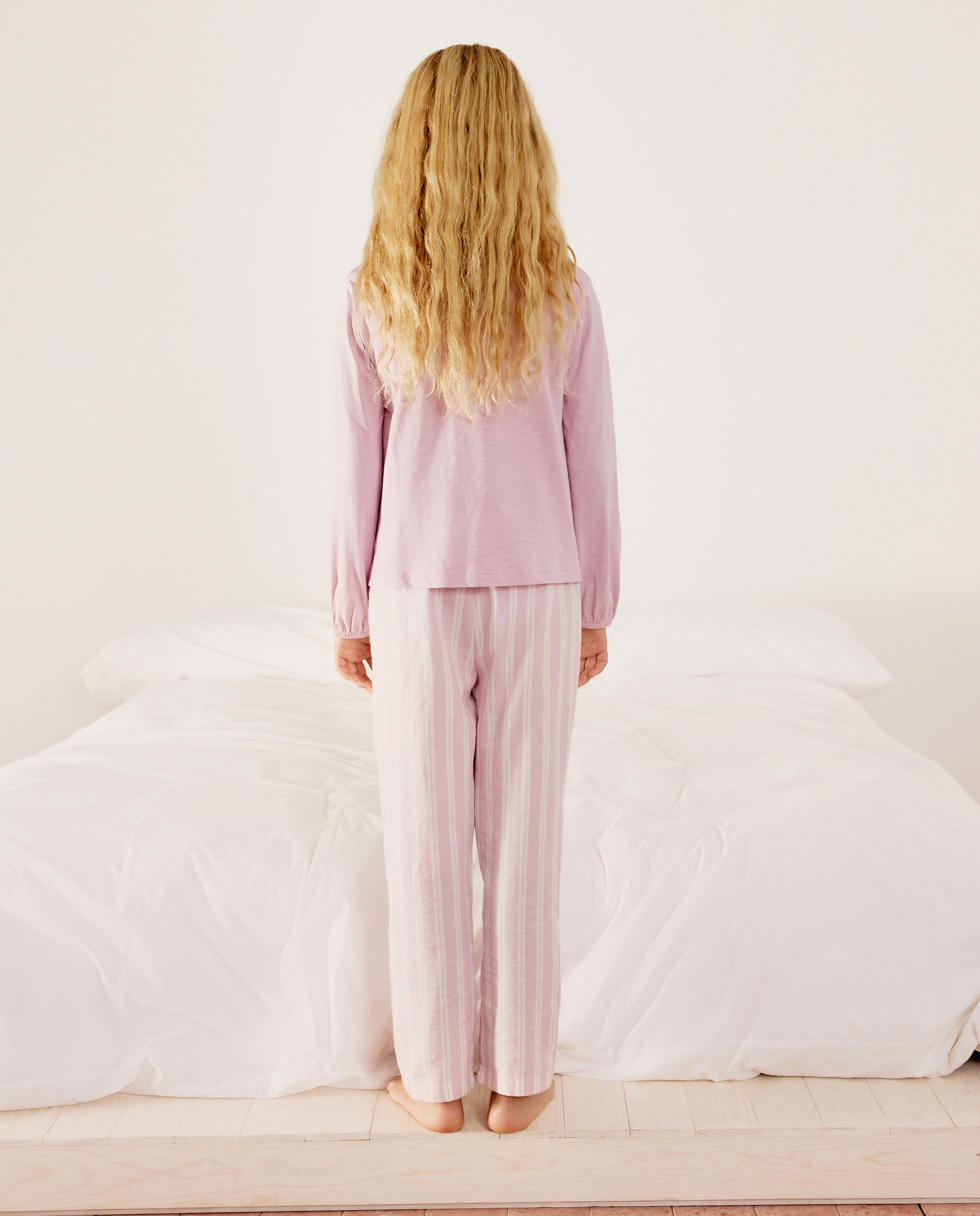 Pantalón largo tejido fantasía rayas de niña - Cotton Juice - Rosa Rosa-3