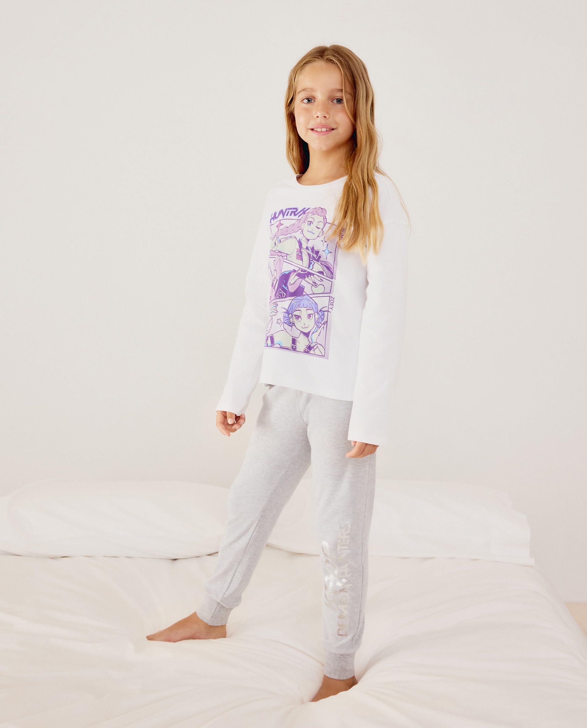 Pantalón largo de punto logo K-POP de niña - Cotton Juice - 820 Gris medio 820 Gris medio-1