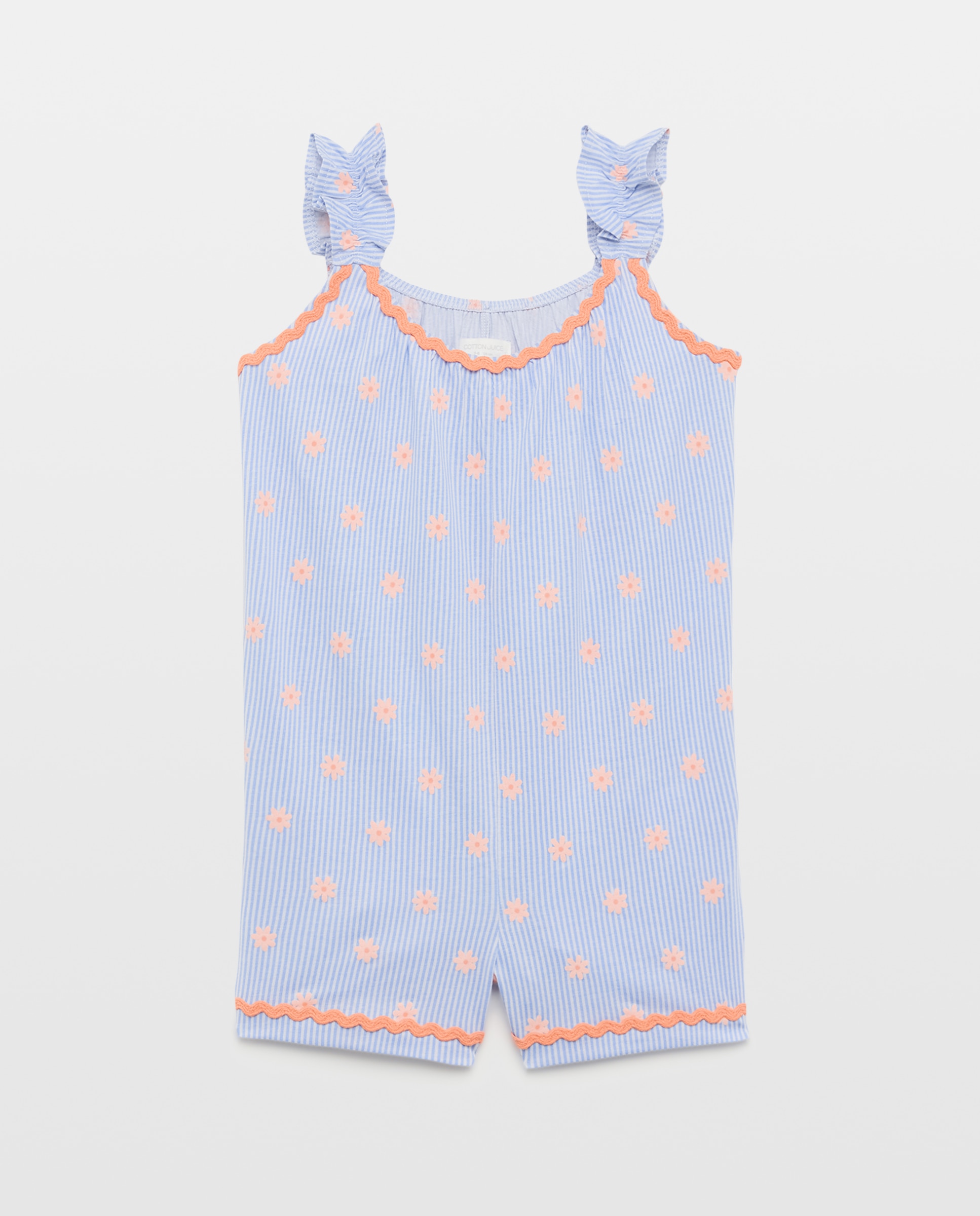 Macacão de Alças às Riscas e com Estampado Floral Cotton Juice Azul-4