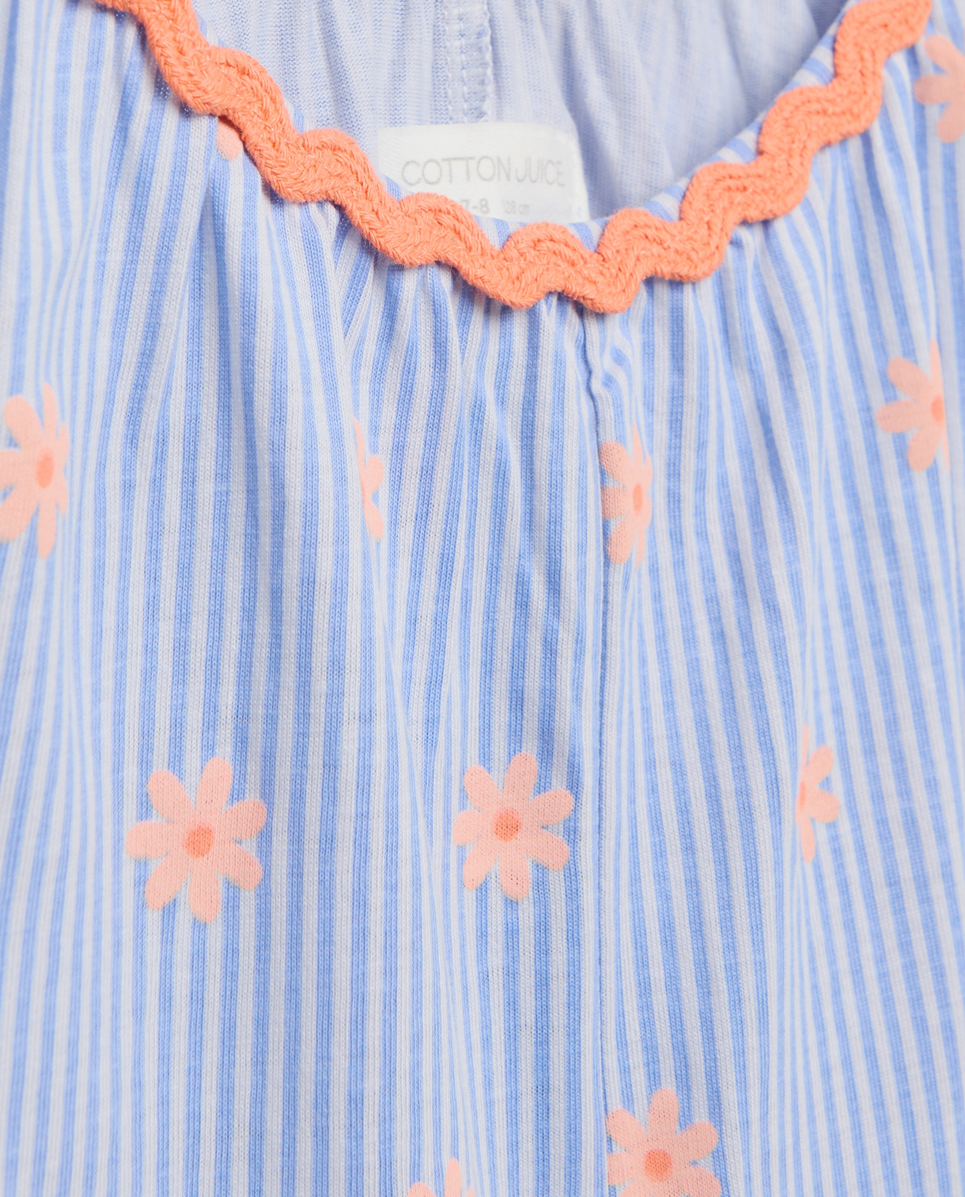Macacão de Alças às Riscas e com Estampado Floral Cotton Juice Azul-5