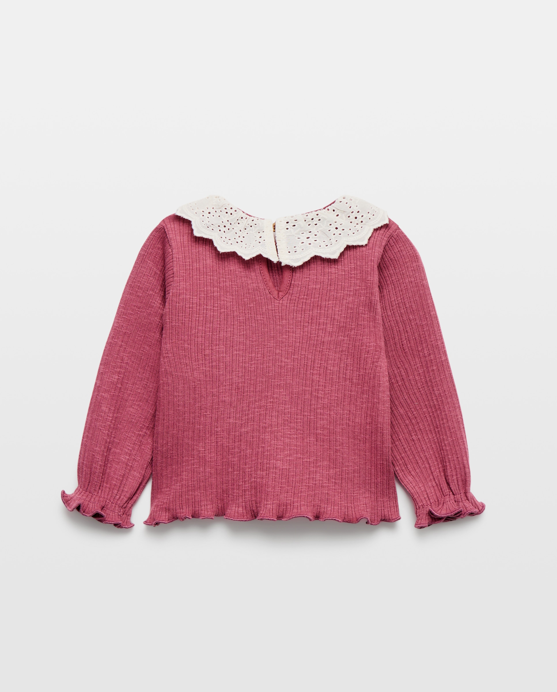 Camisola Lisa de Bebé com Manga Comprida Canelada e Gola 230 Rosa Escuro-2